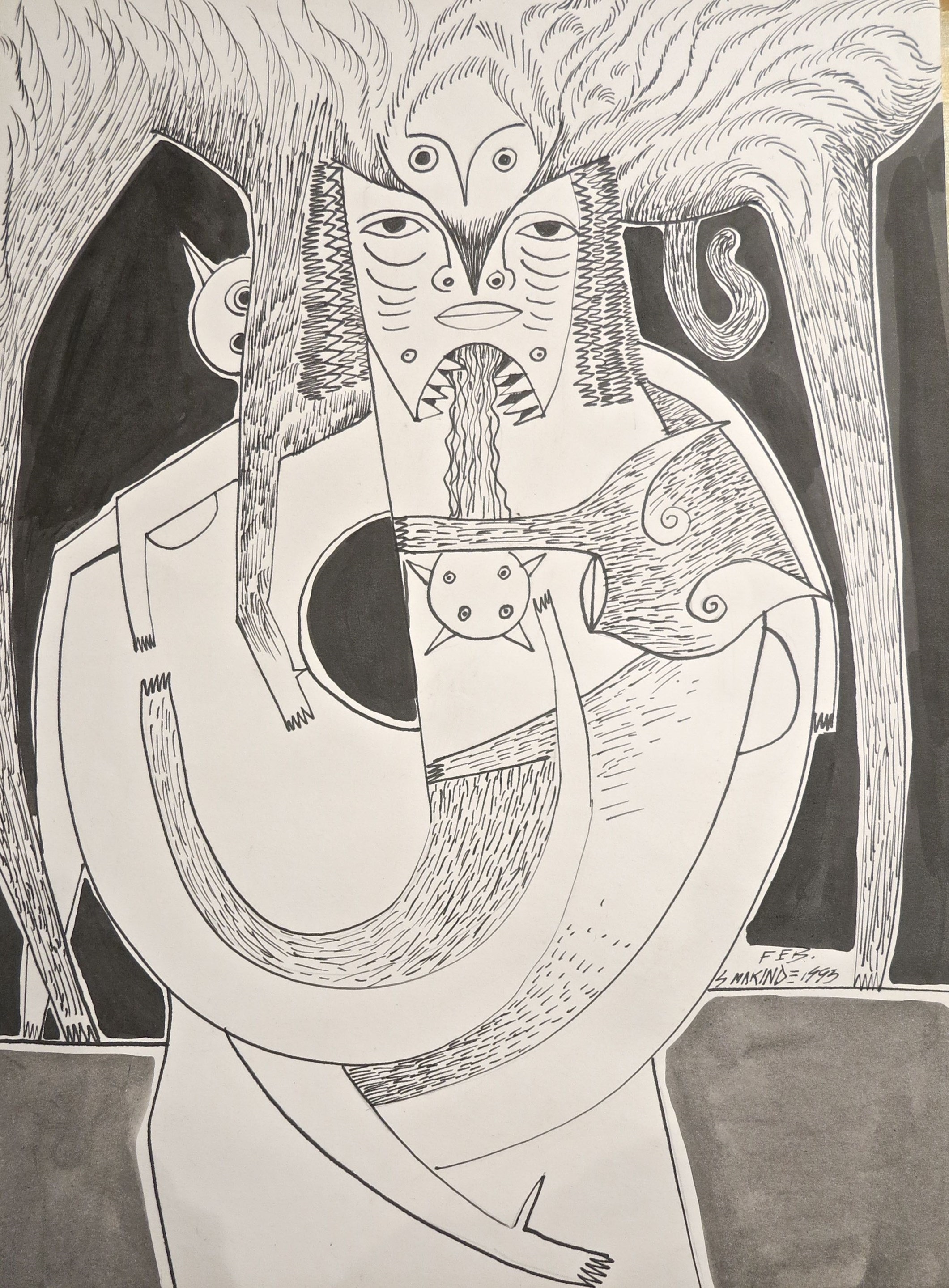 A black and white drawing of a man with a snake in his mouth.