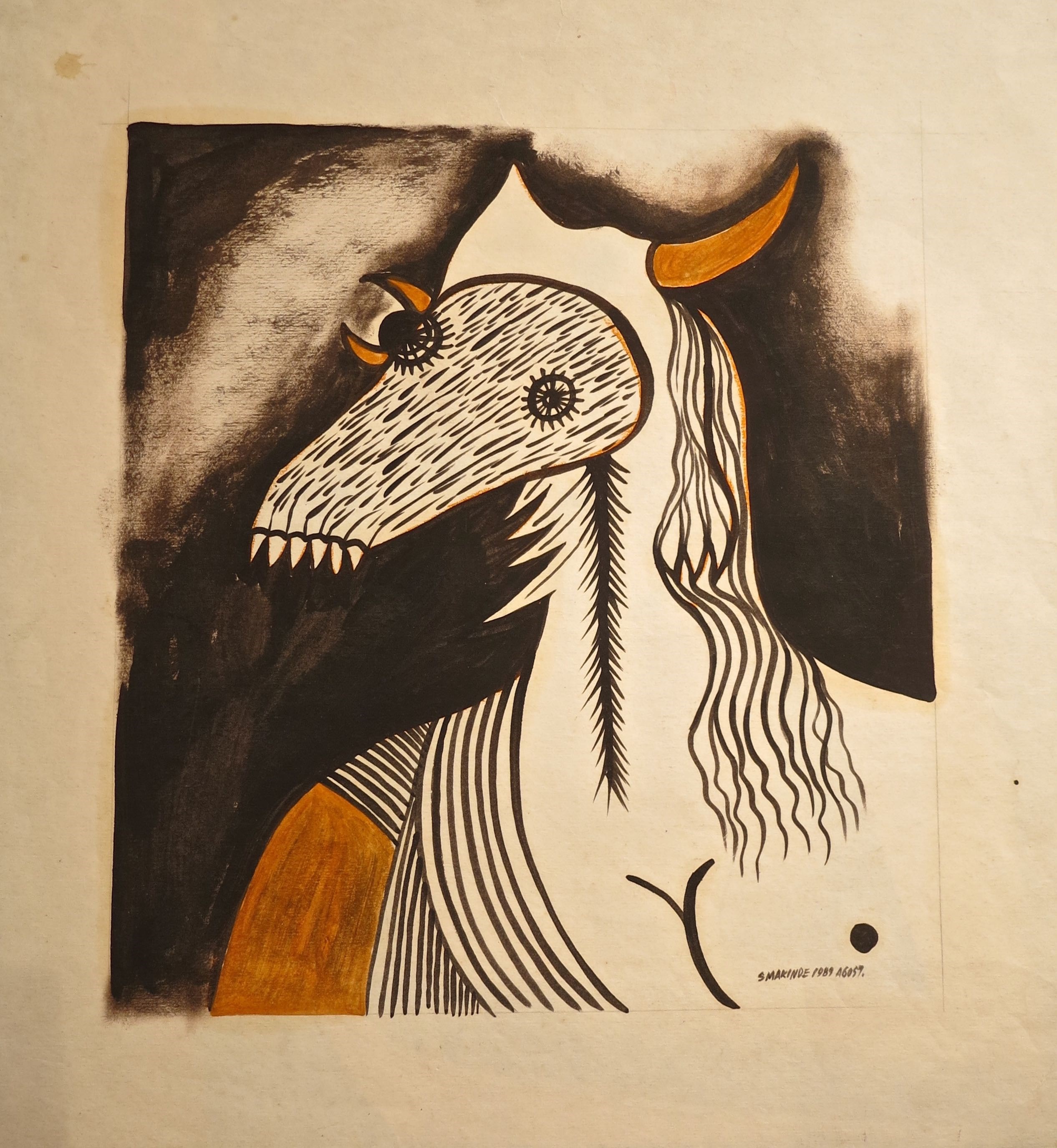 A black and white drawing of a woman with long hair.