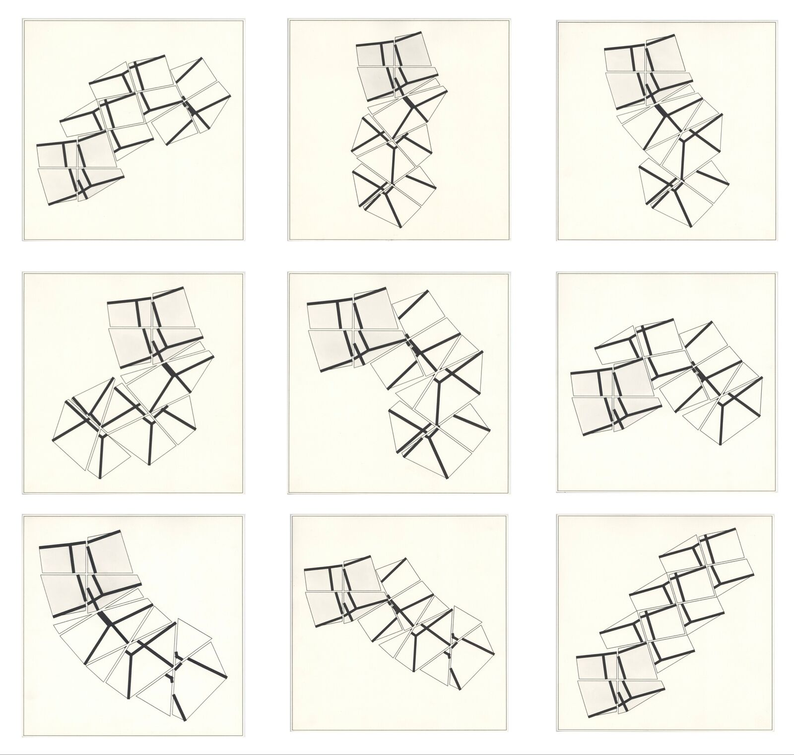 A set of nine black and white drawings of geometric shapes.