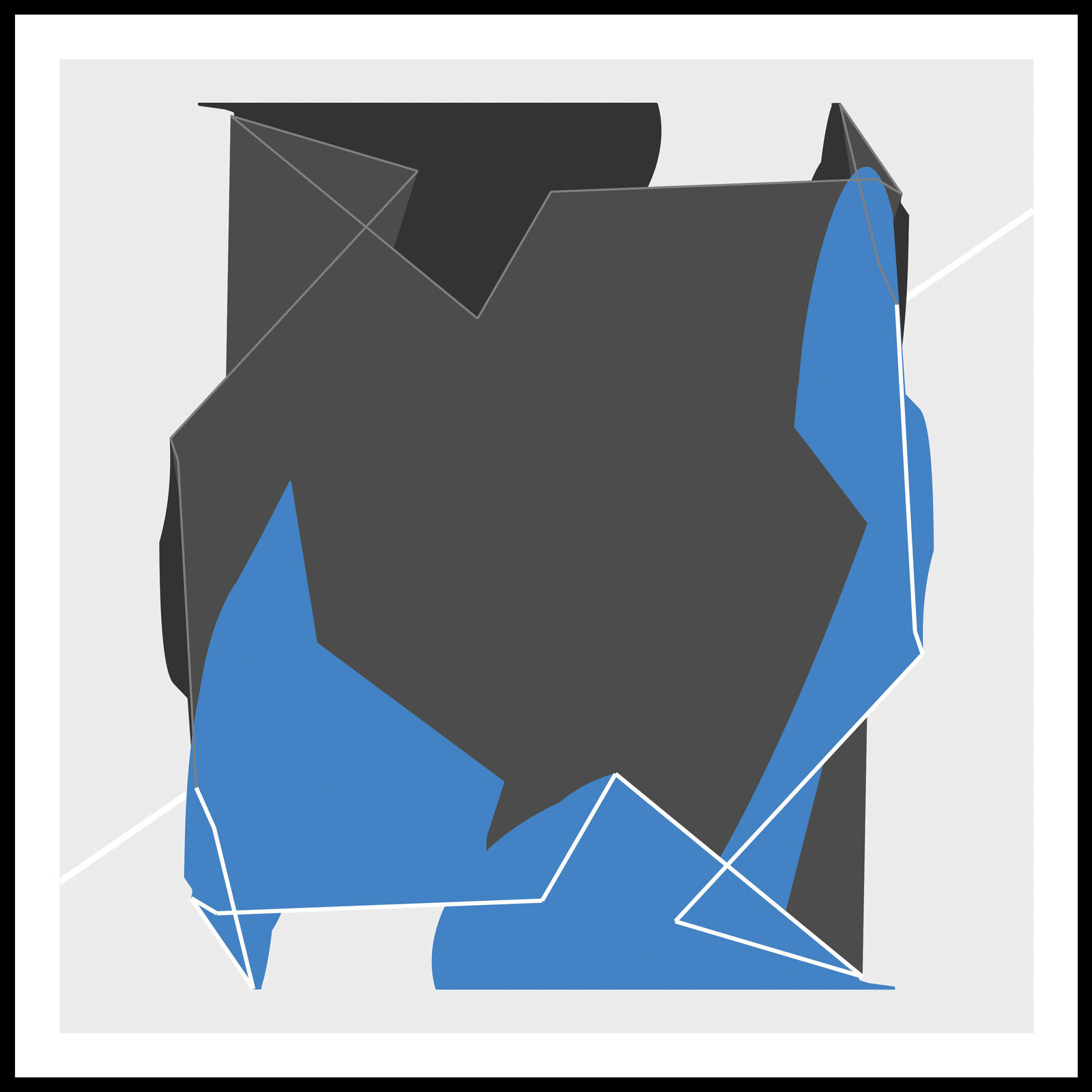 A black and blue abstract design with a white background.