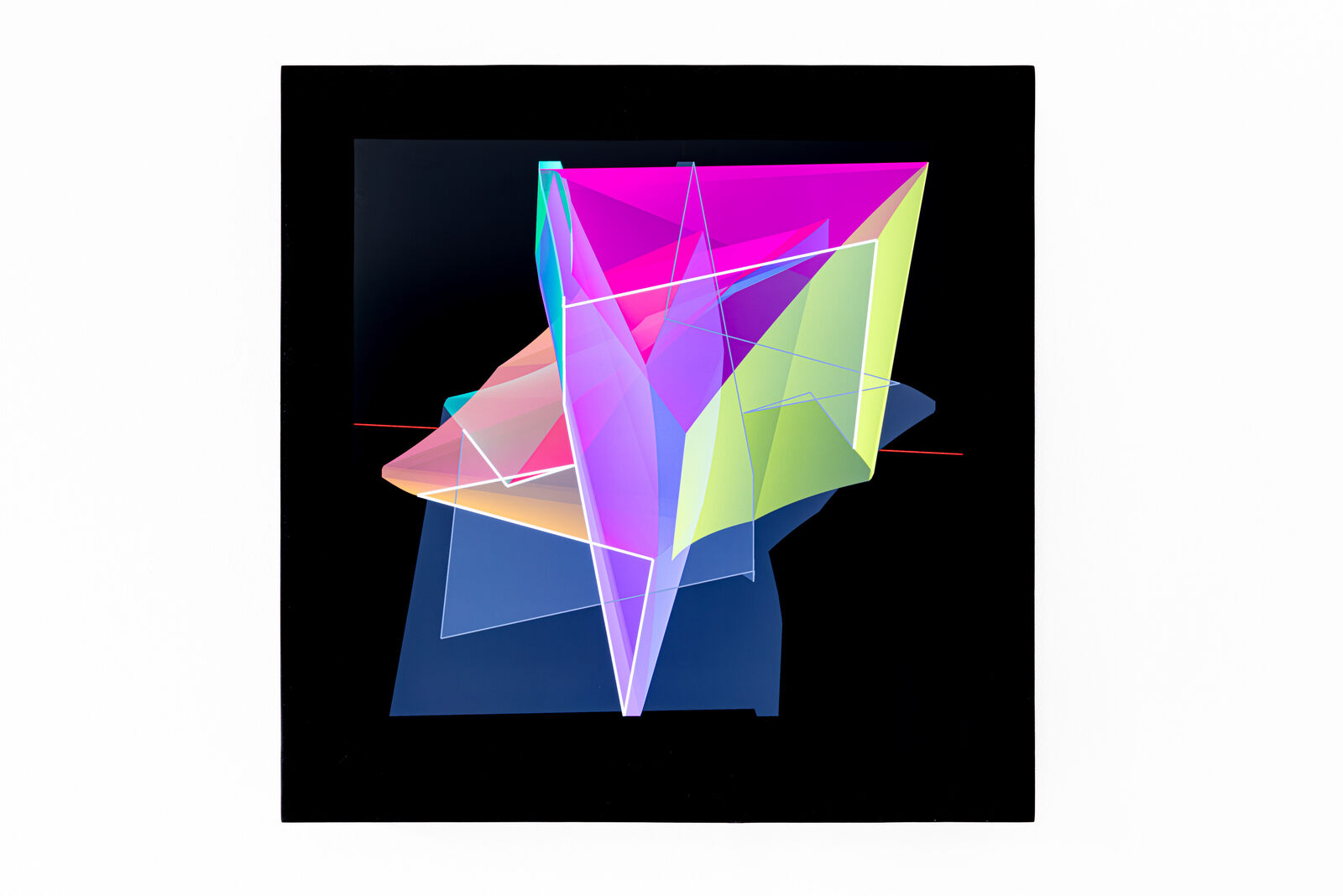 A picture of a purple and blue abstract painting on a wall.