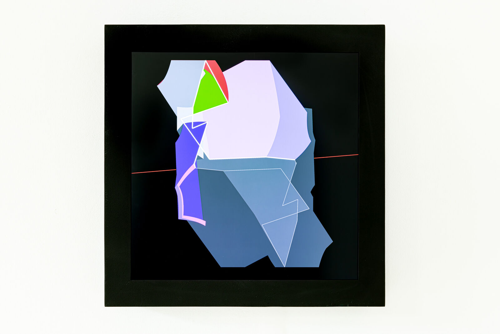 A picture of a purple and blue abstract painting on a wall.