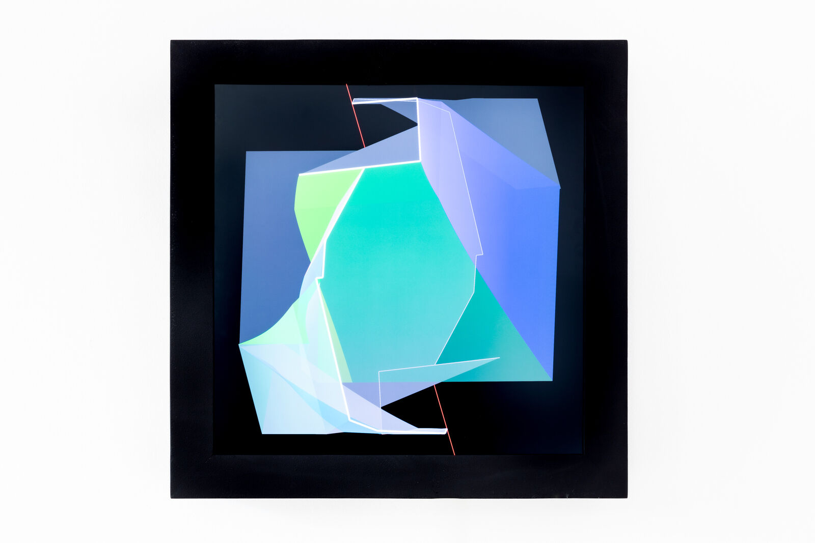 A picture of a purple and blue abstract painting on a wall.