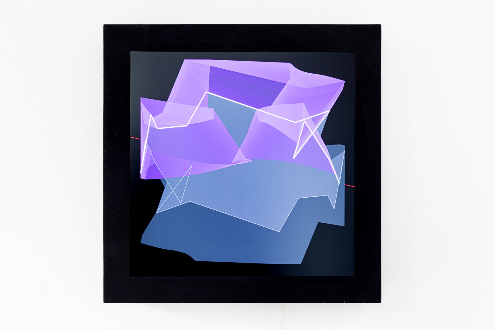 A picture of a purple and blue abstract painting on a wall.