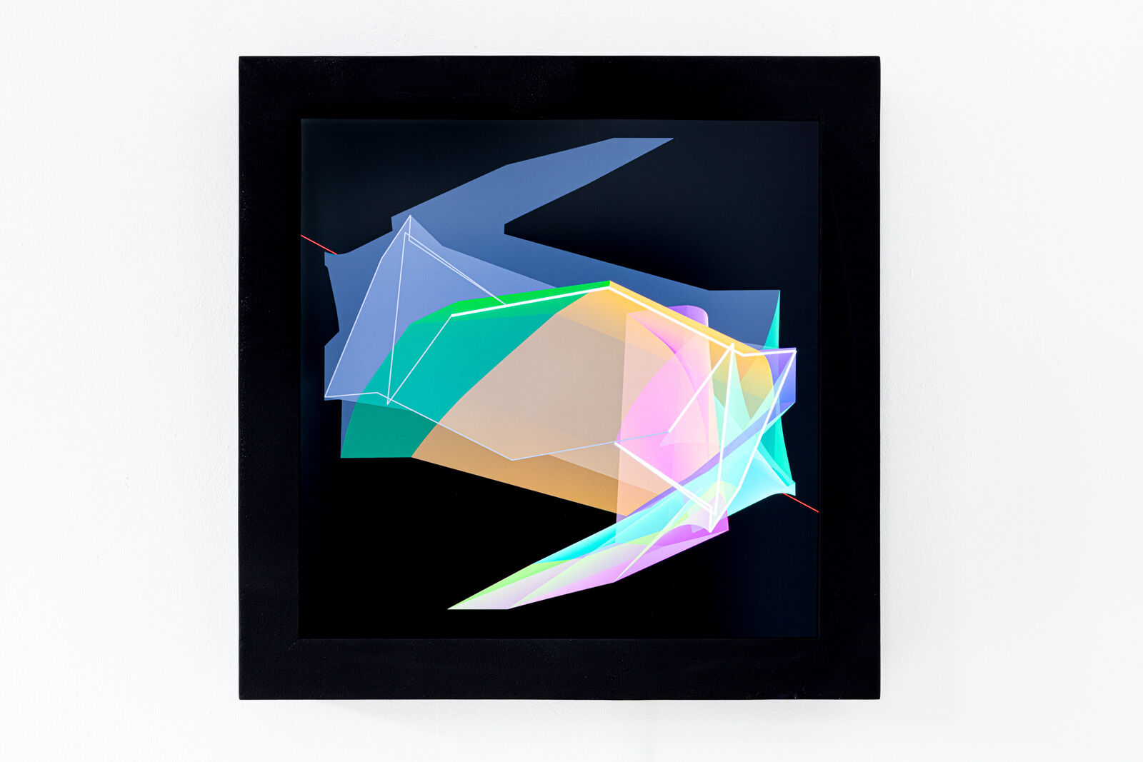 A picture of a purple and blue abstract painting on a wall.