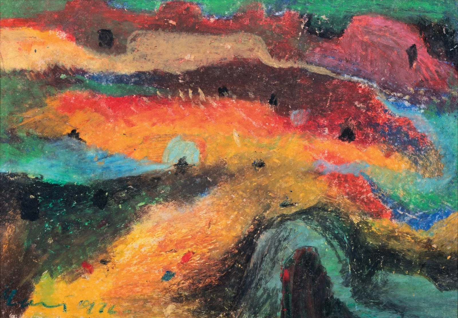 A vibrant abstract landscape featuring rolling hills in warm and cool tones, rendered with a textured, expressive technique.