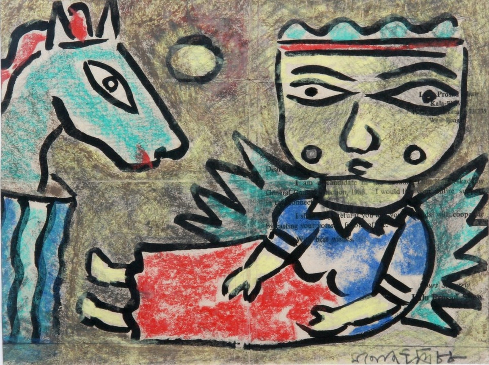 A painting of a man and a horse on a wall.