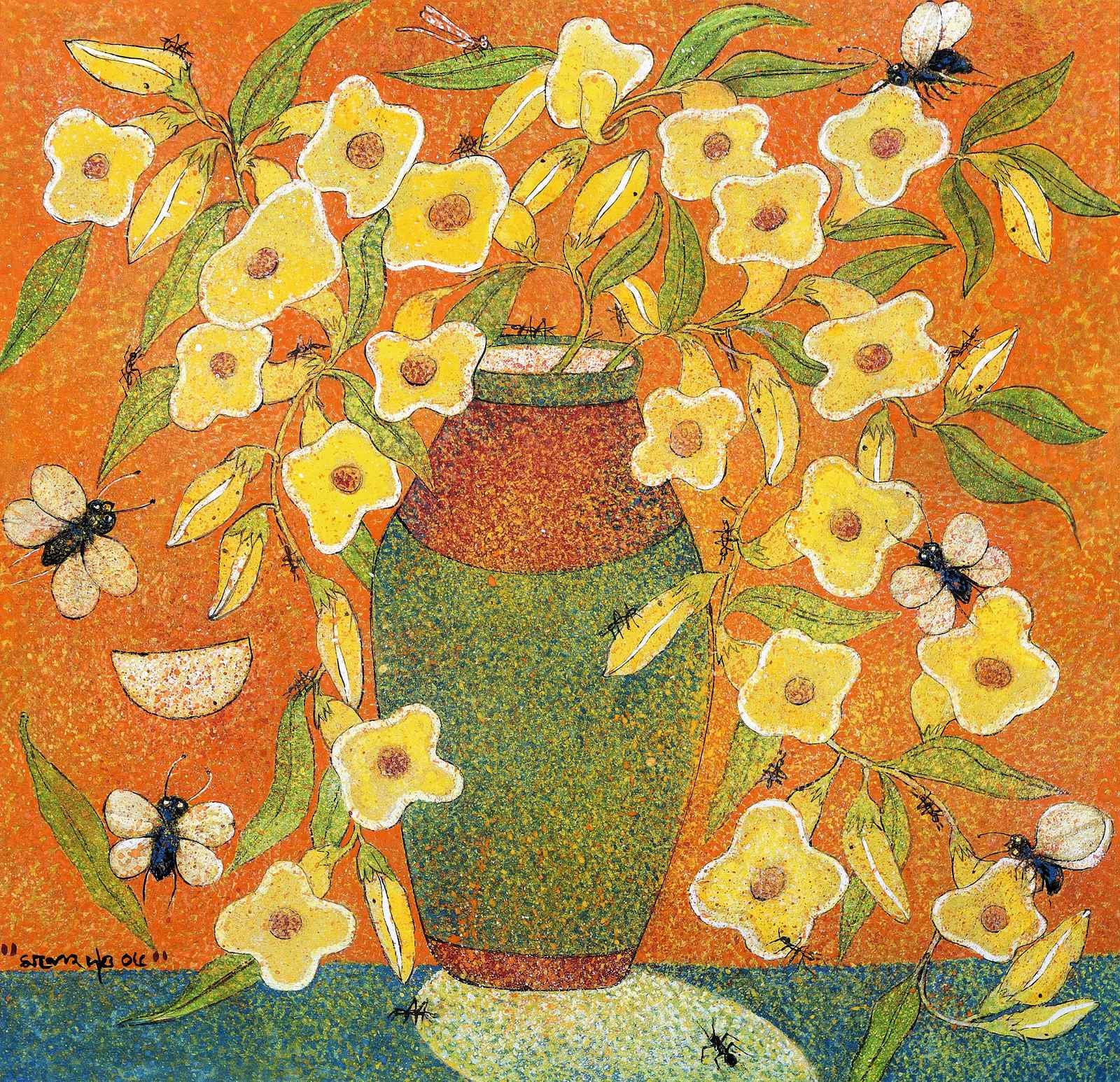 A painting of a vase of yellow flowers and bees on an orange background.