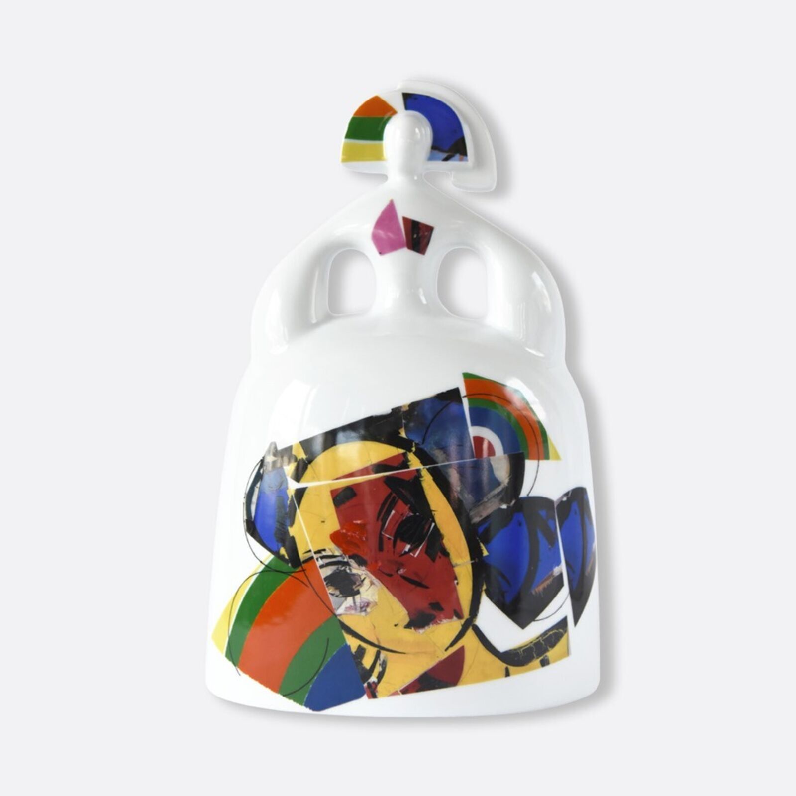 A glossy white ceramic bell featuring a vibrant, fragmented portrait in the style of Cubism.