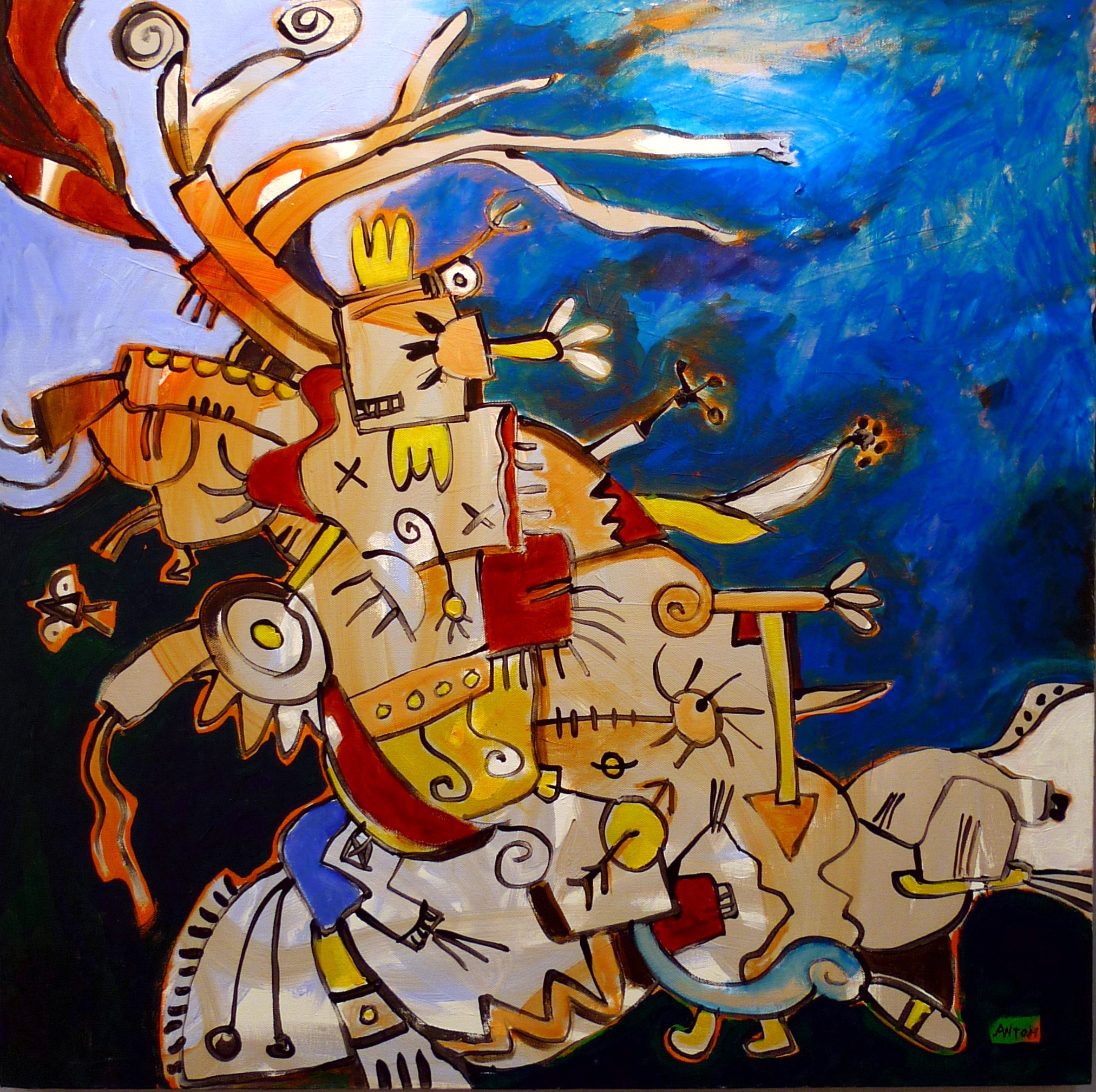 A painting of a man riding a horse with a crown on his head.