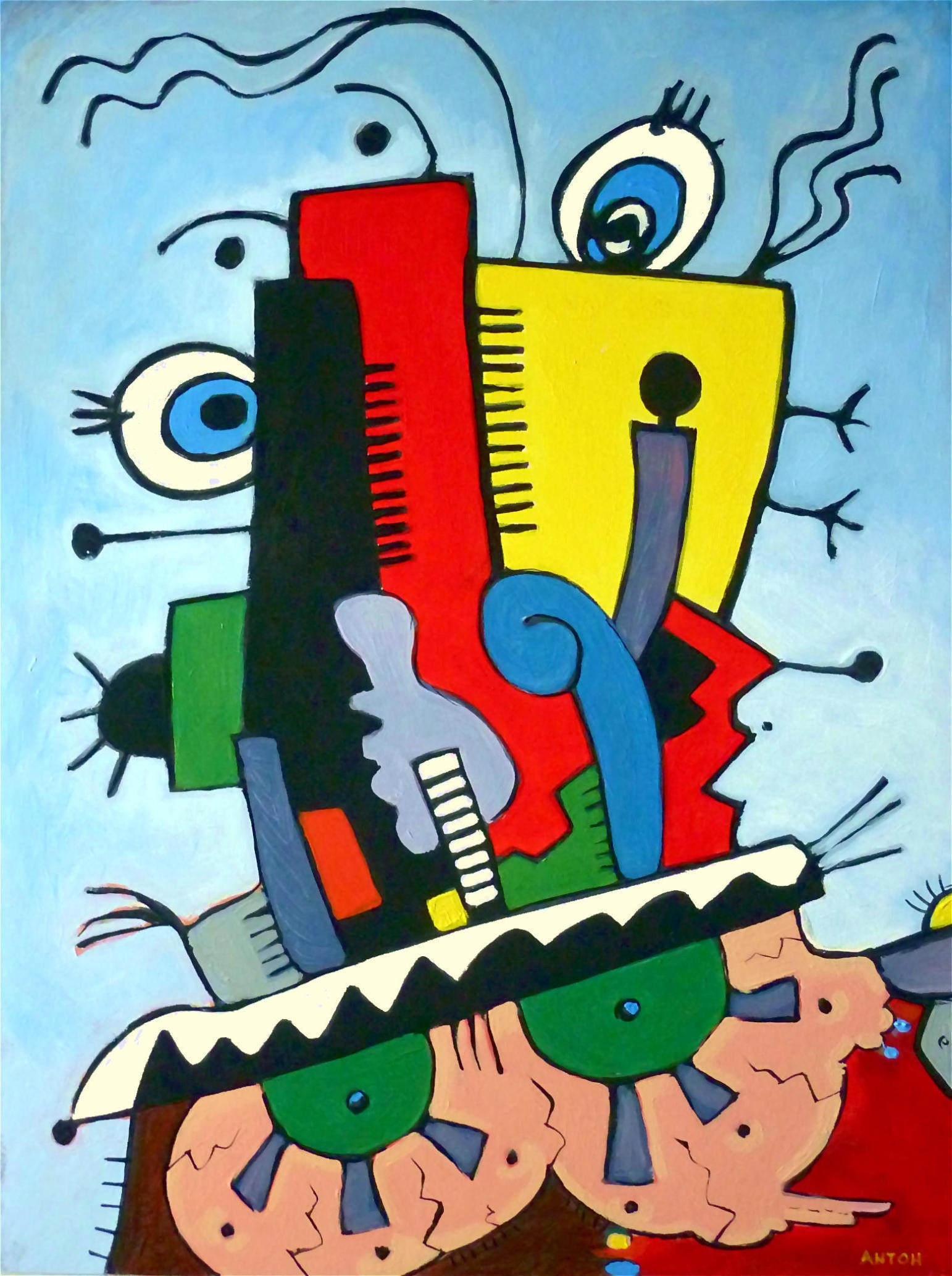 A vibrant, surreal composition of a jester-like figure with exaggerated features and bold geometric shapes.