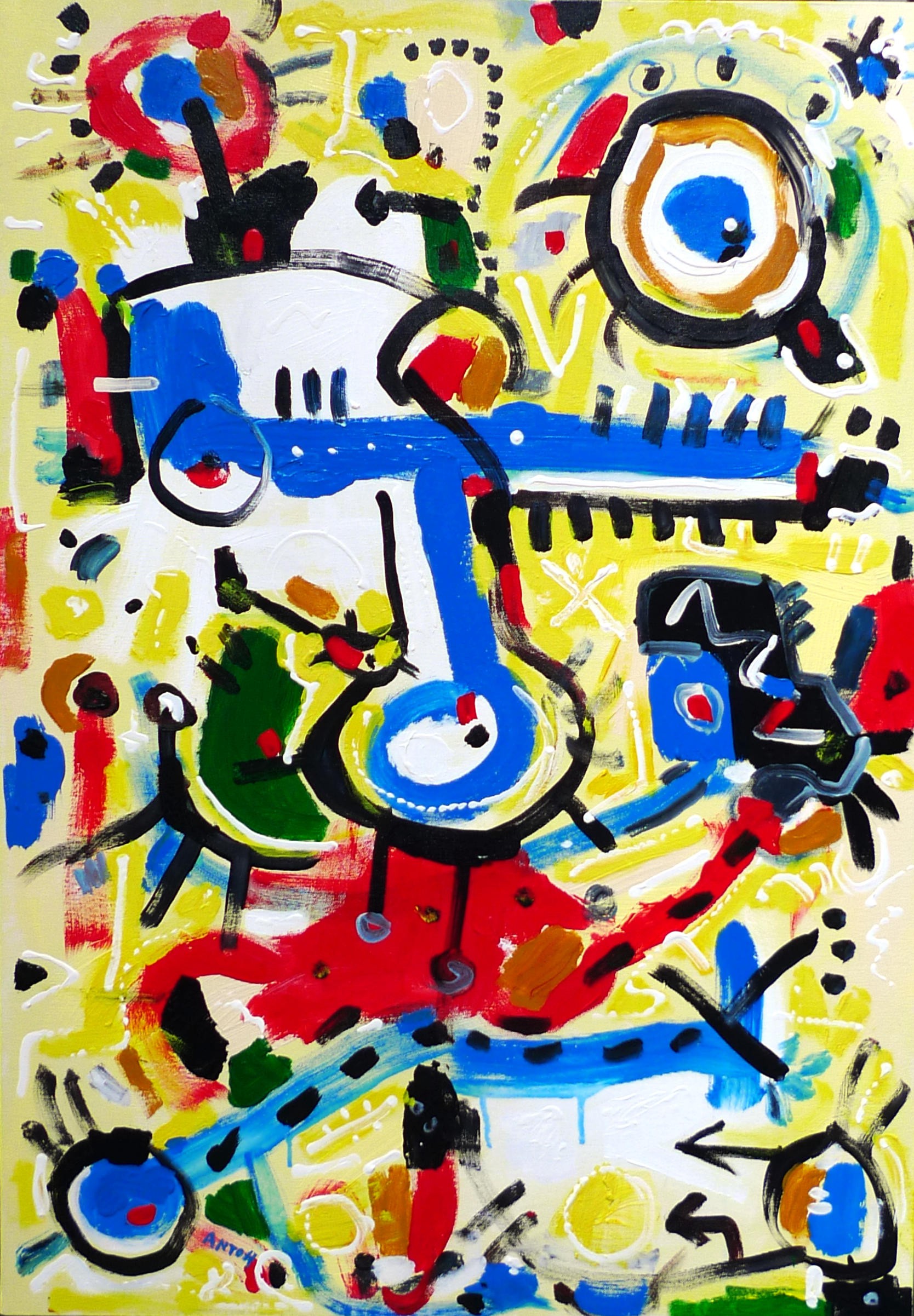 A vibrant abstract composition featuring a chaotic arrangement of colorful, organic shapes against a bright yellow background.
