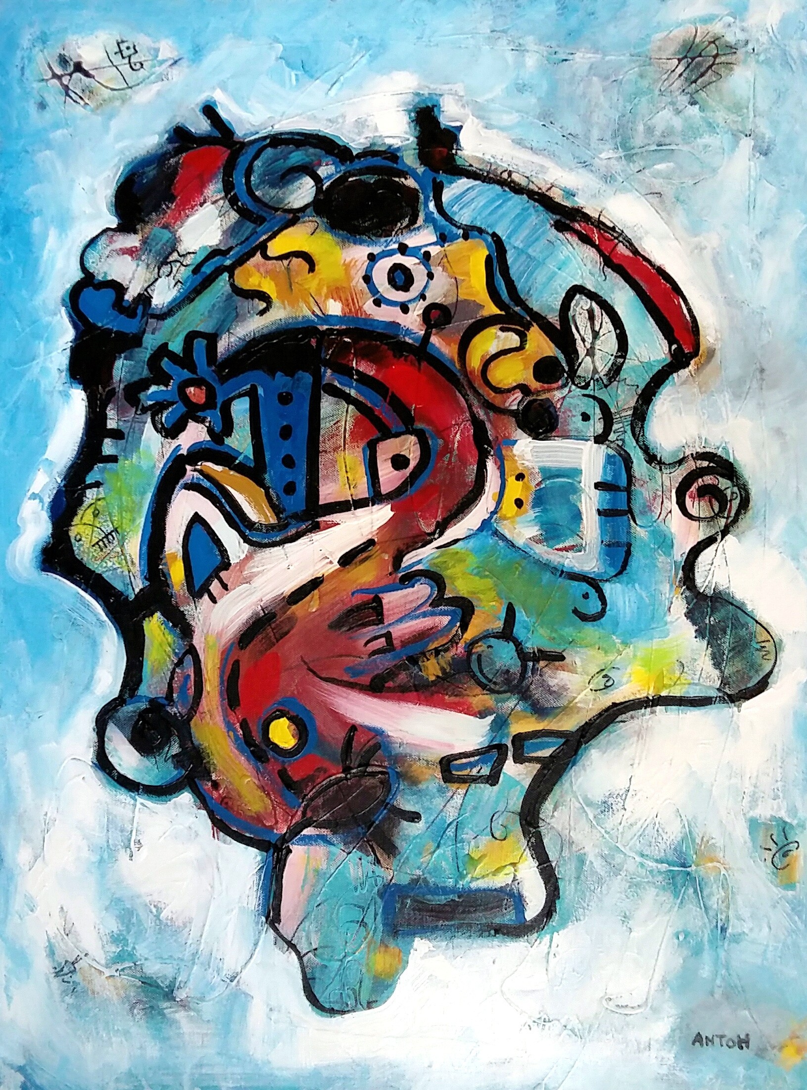 A chaotic, colorful abstract composition featuring a central face-like figure surrounded by floating shapes and symbols.