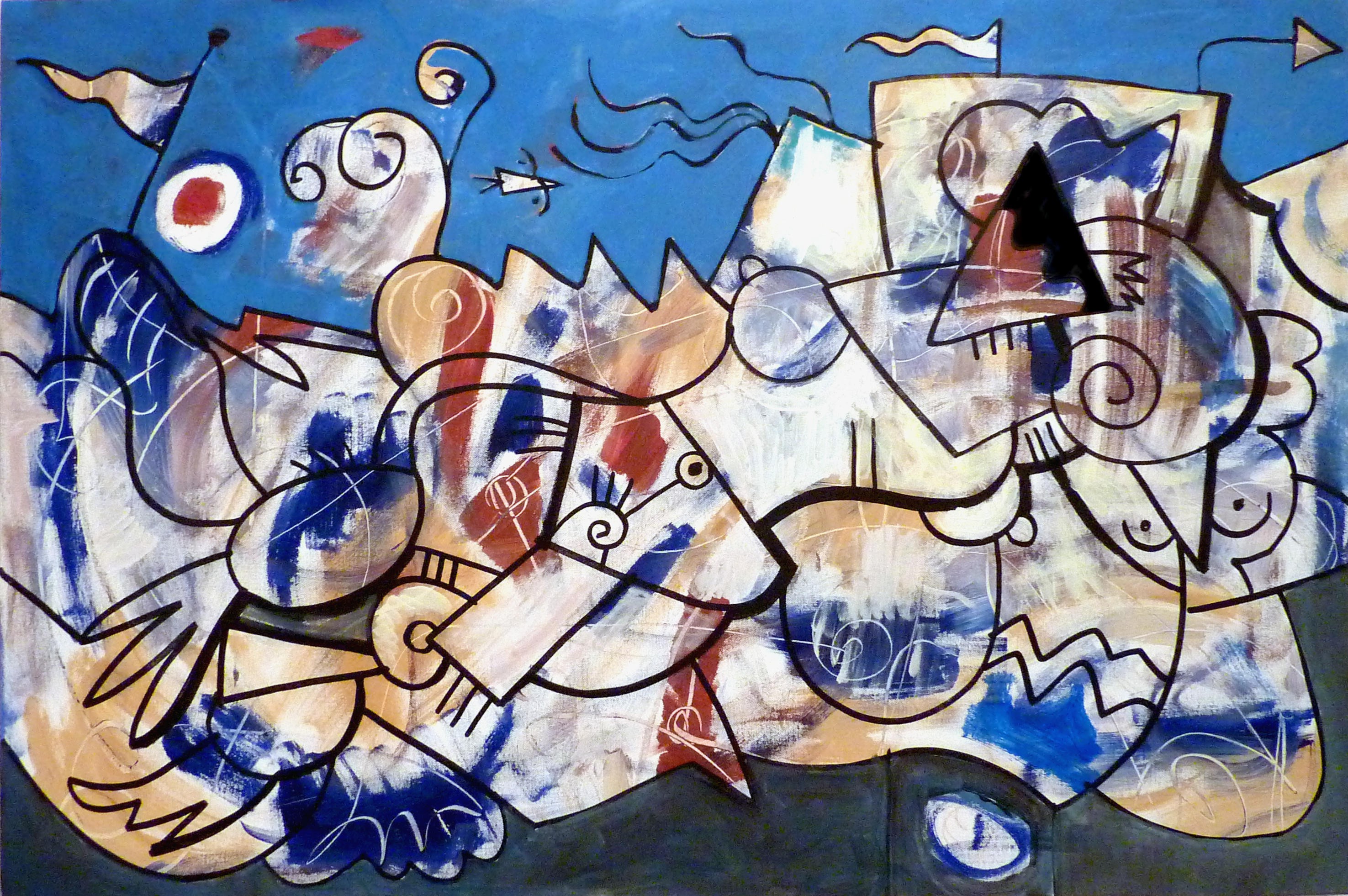 A painting of a blue and white abstract painting on a wall.