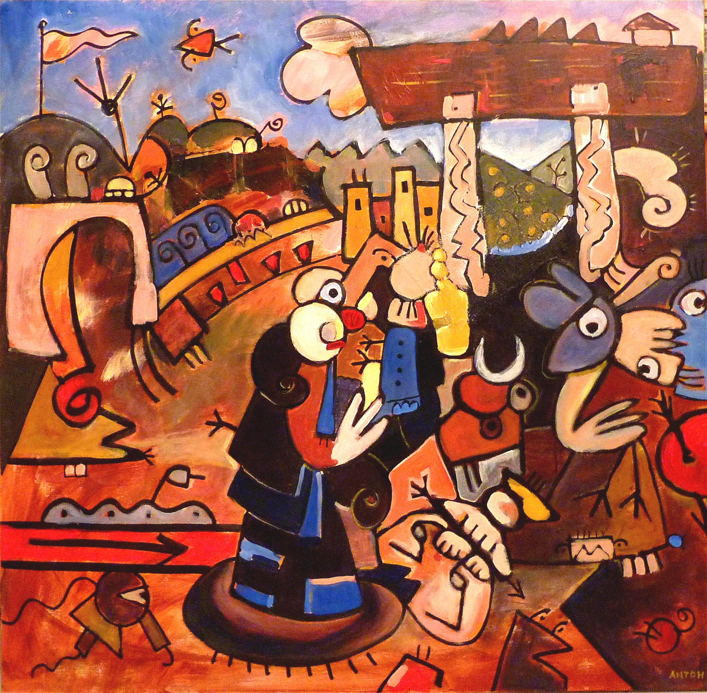 A painting of a group of people in a city.