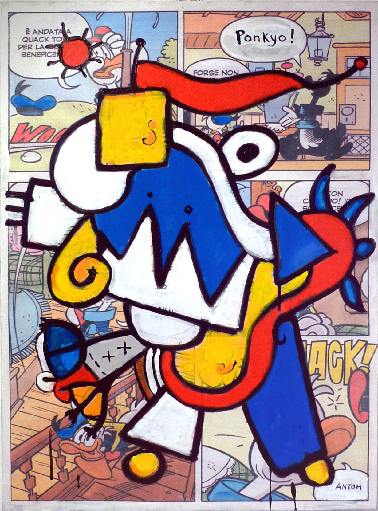 A chaotic graffiti-style collage featuring a distorted blue figure superimposed over comic book panels.