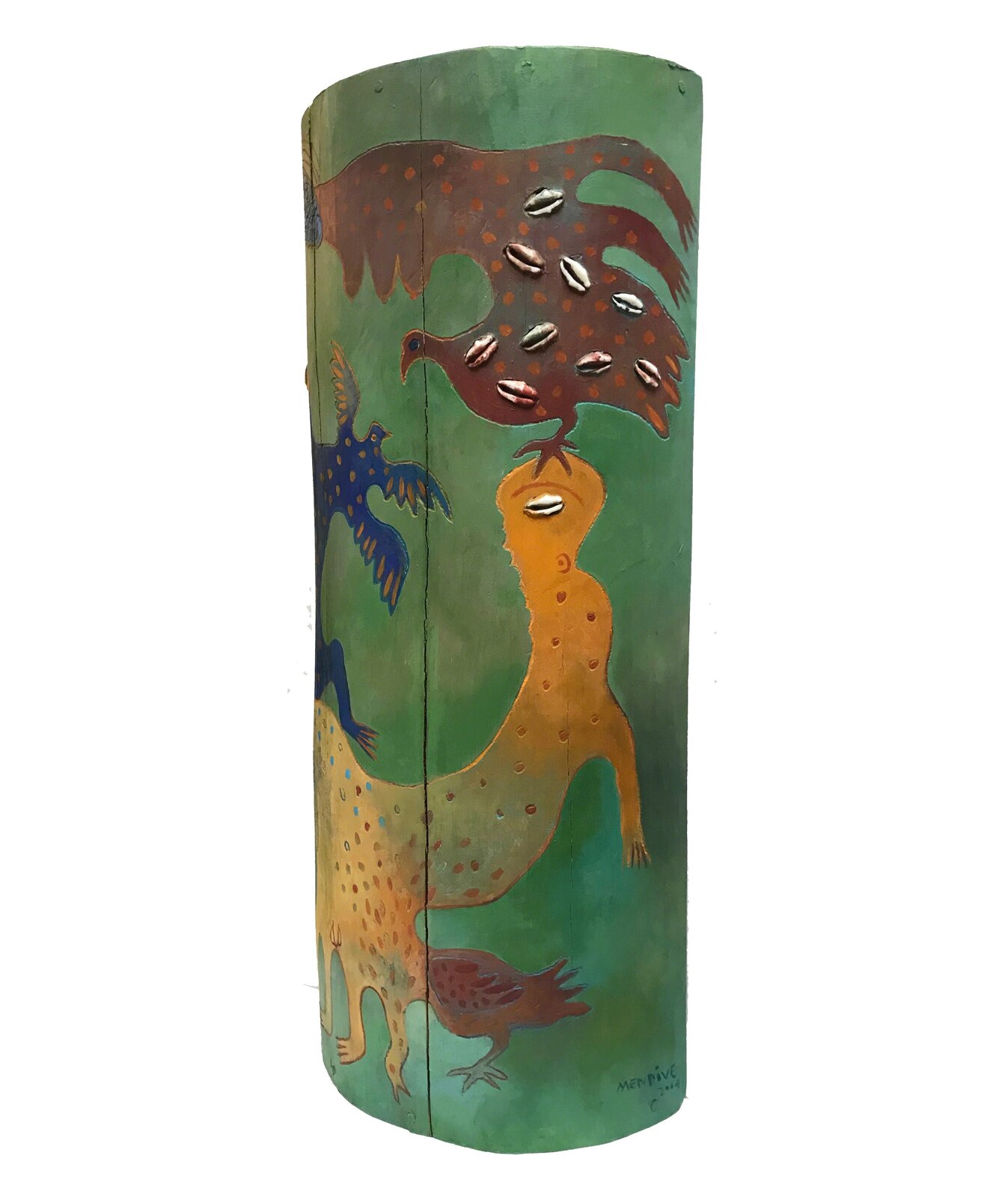 A painted wooden cylinder featuring a whimsical scene of birds and a lizard against a green background.
