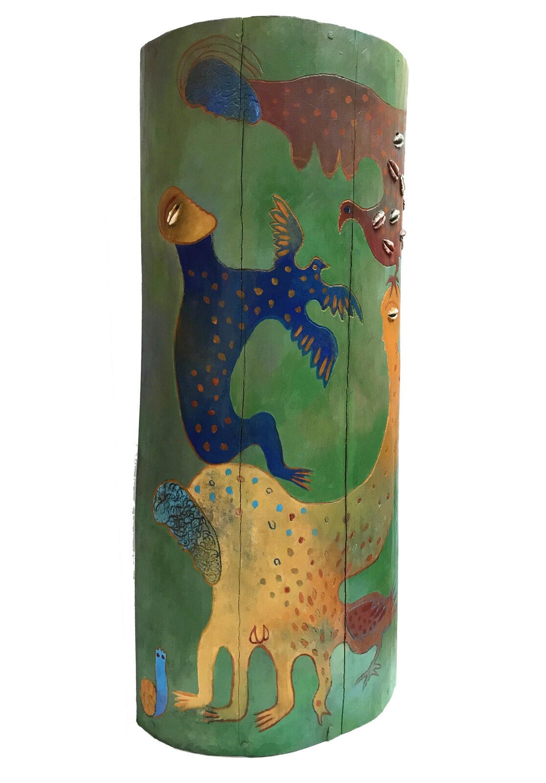 A painted wooden cylinder featuring a whimsical scene of birds and a lizard against a green background.