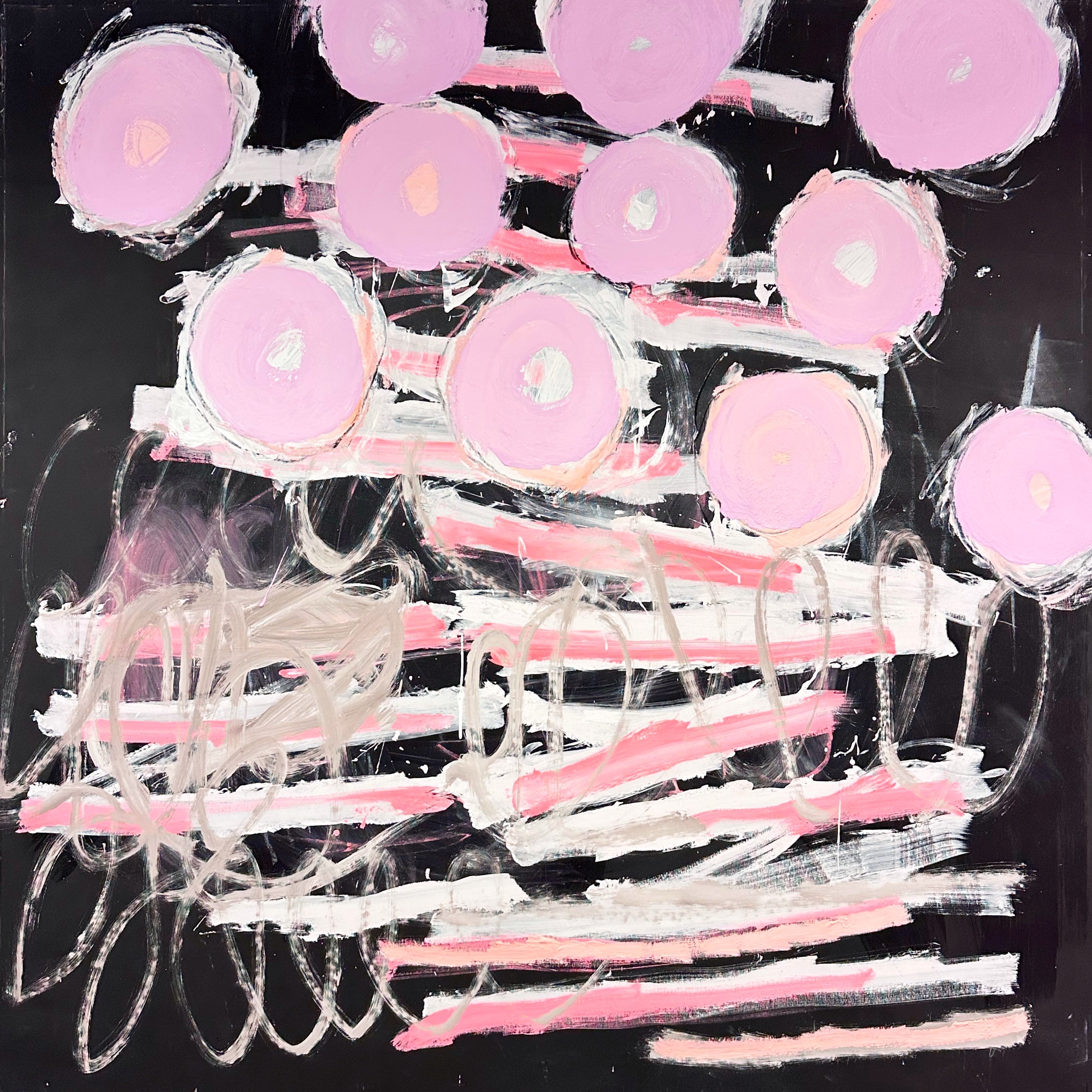 A painting with pink circles on a black background.
