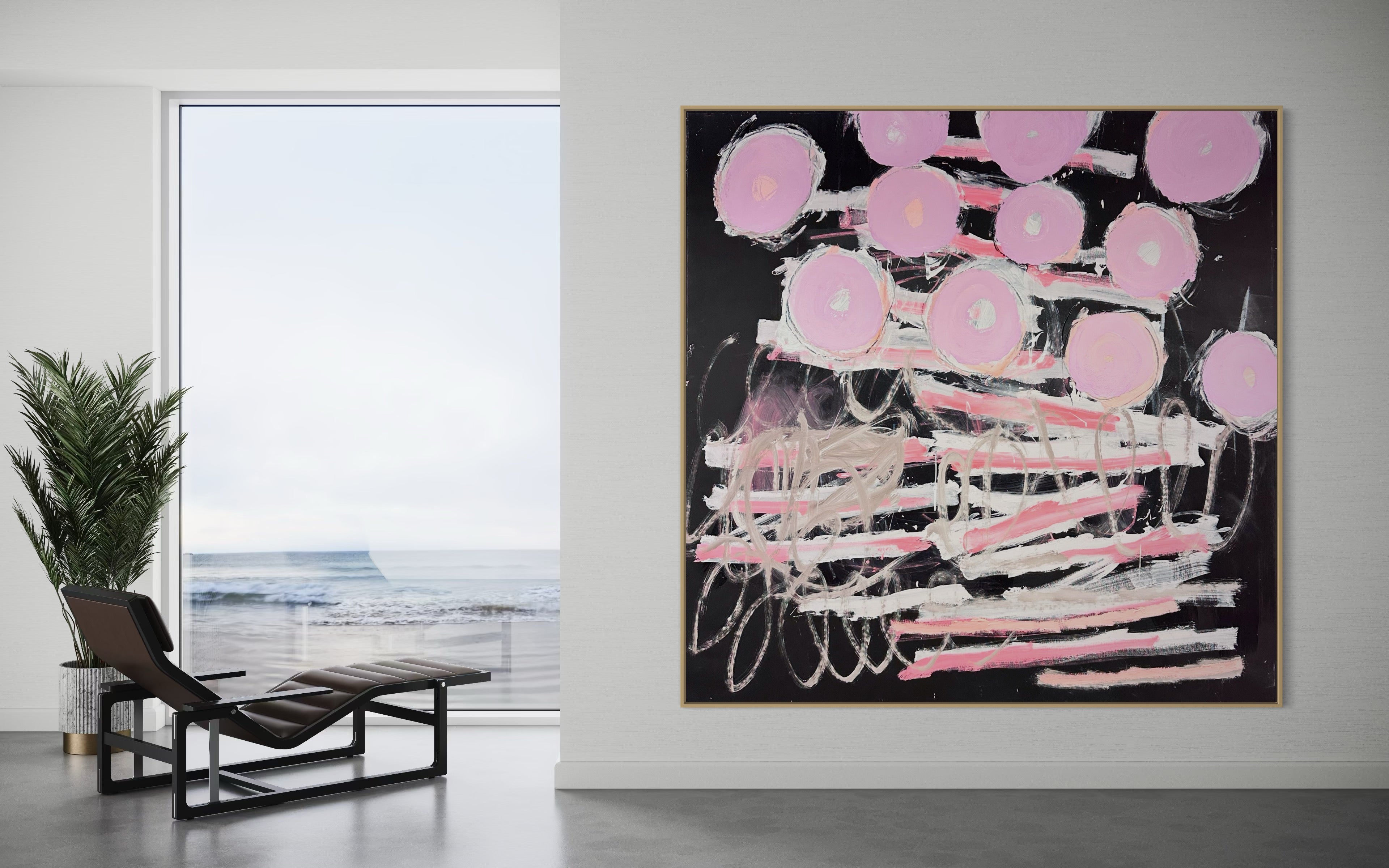 A painting with pink circles on a black background.