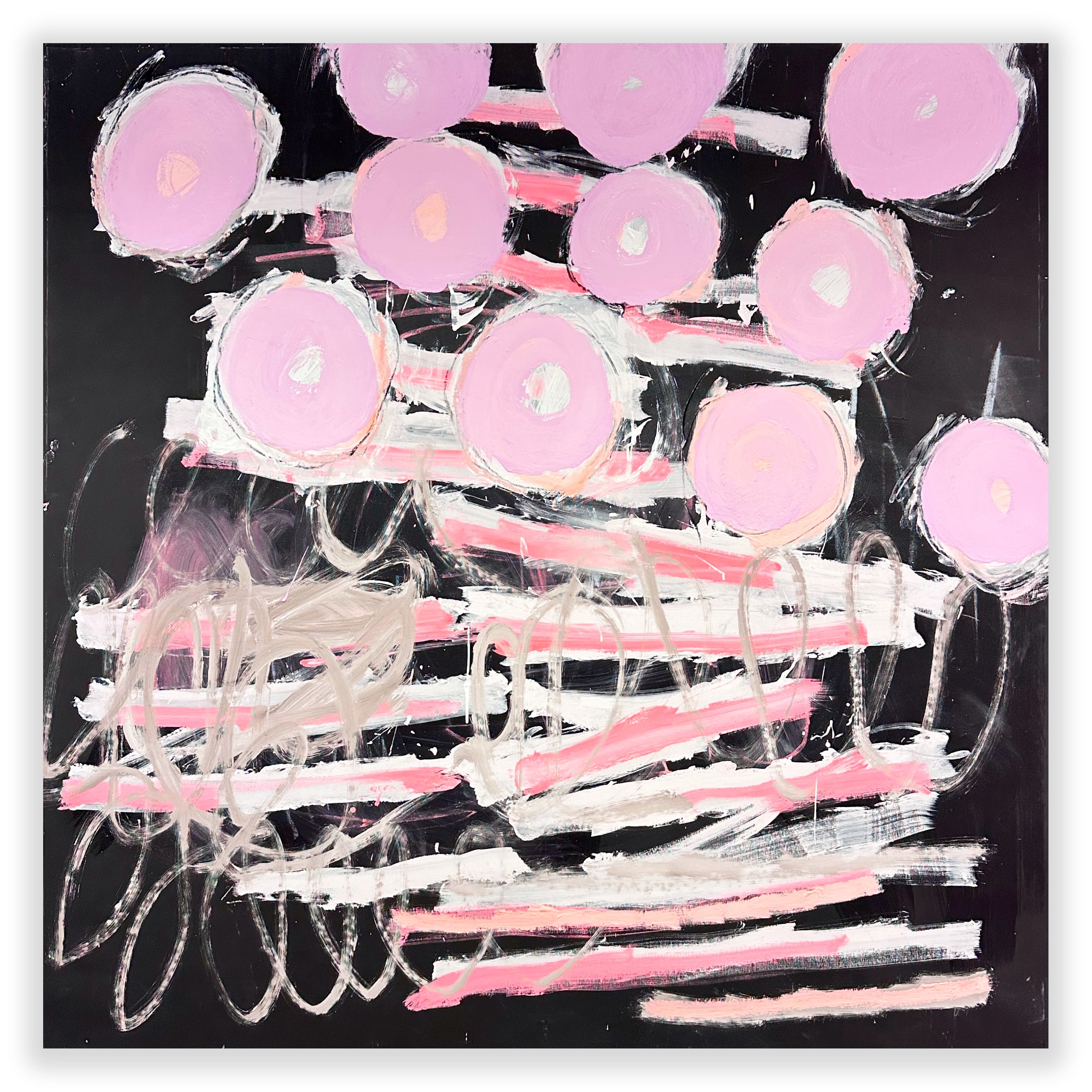 A painting with pink circles on a black background.