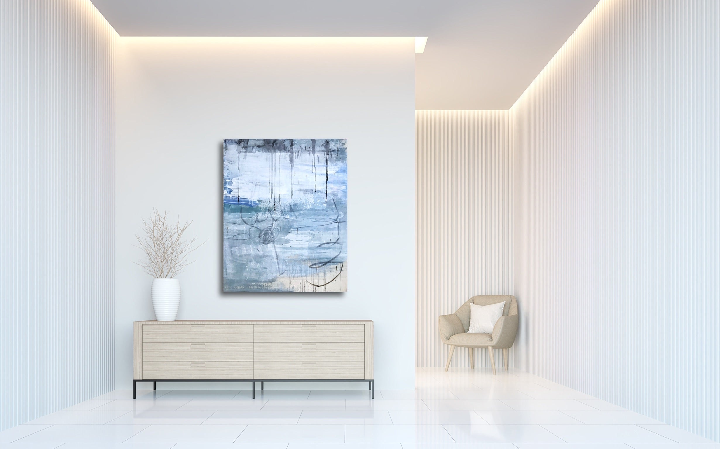 A painting of a blue and white abstract painting on a white wall.