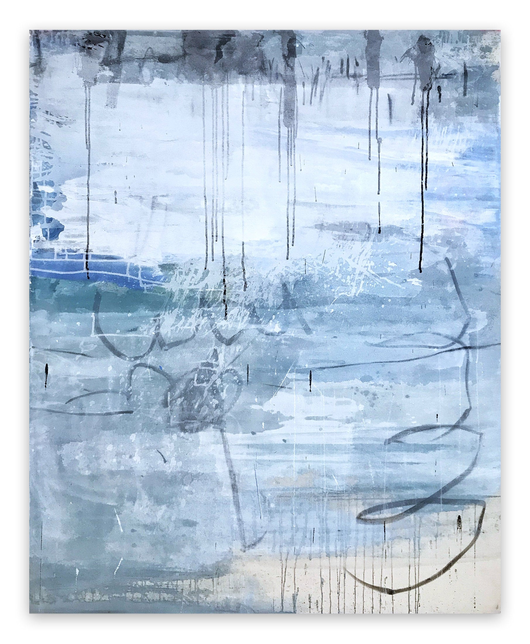 A painting of a blue and white abstract painting on a white wall.