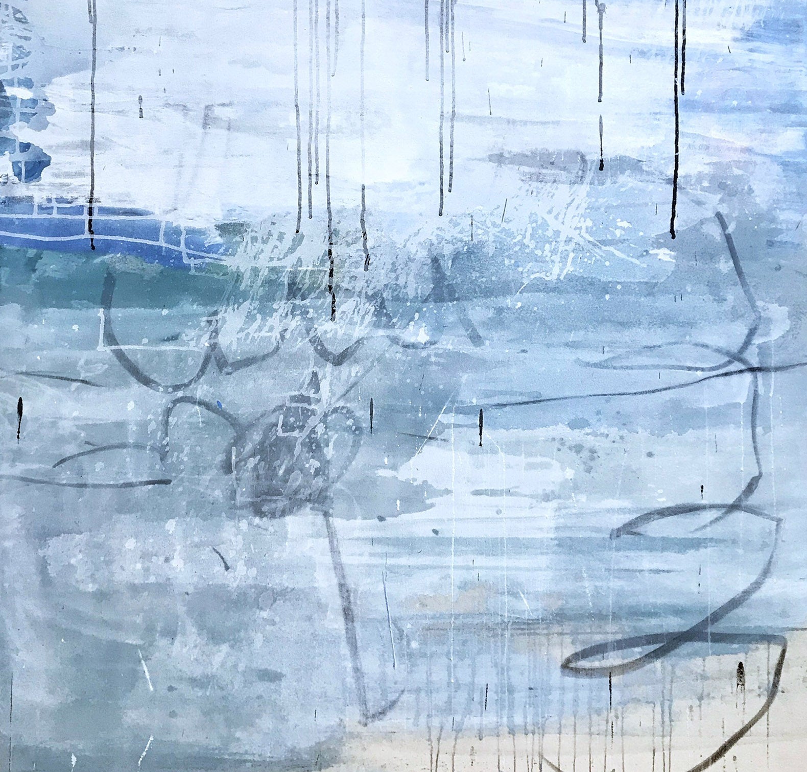 A painting of a blue and white abstract painting on a white wall.