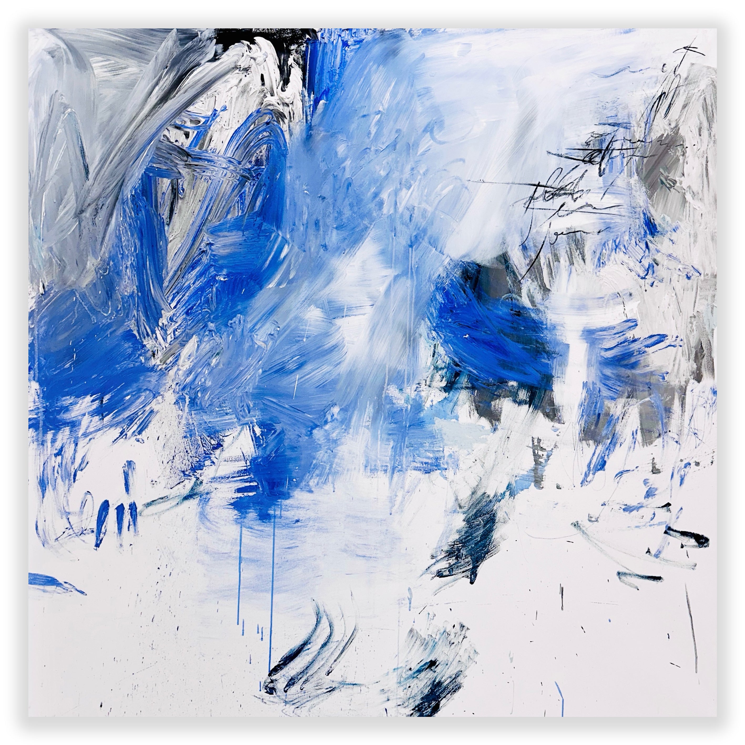 A blue and white abstract painting on a white wall.