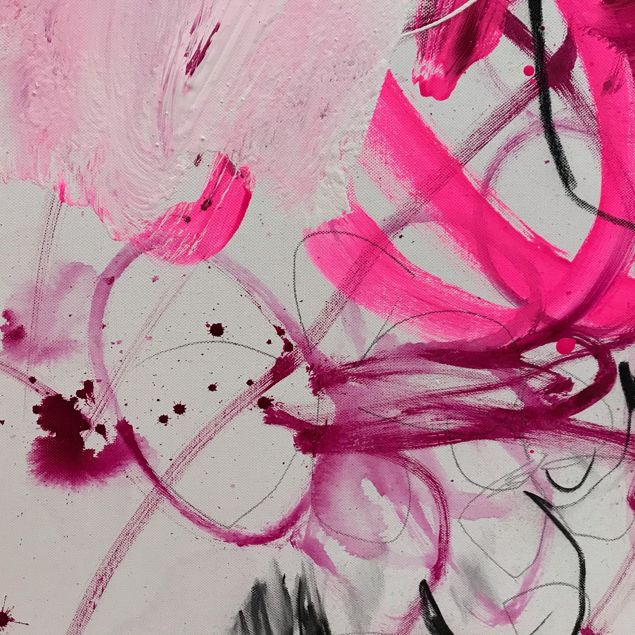 A pink and orange abstract painting on a white background.