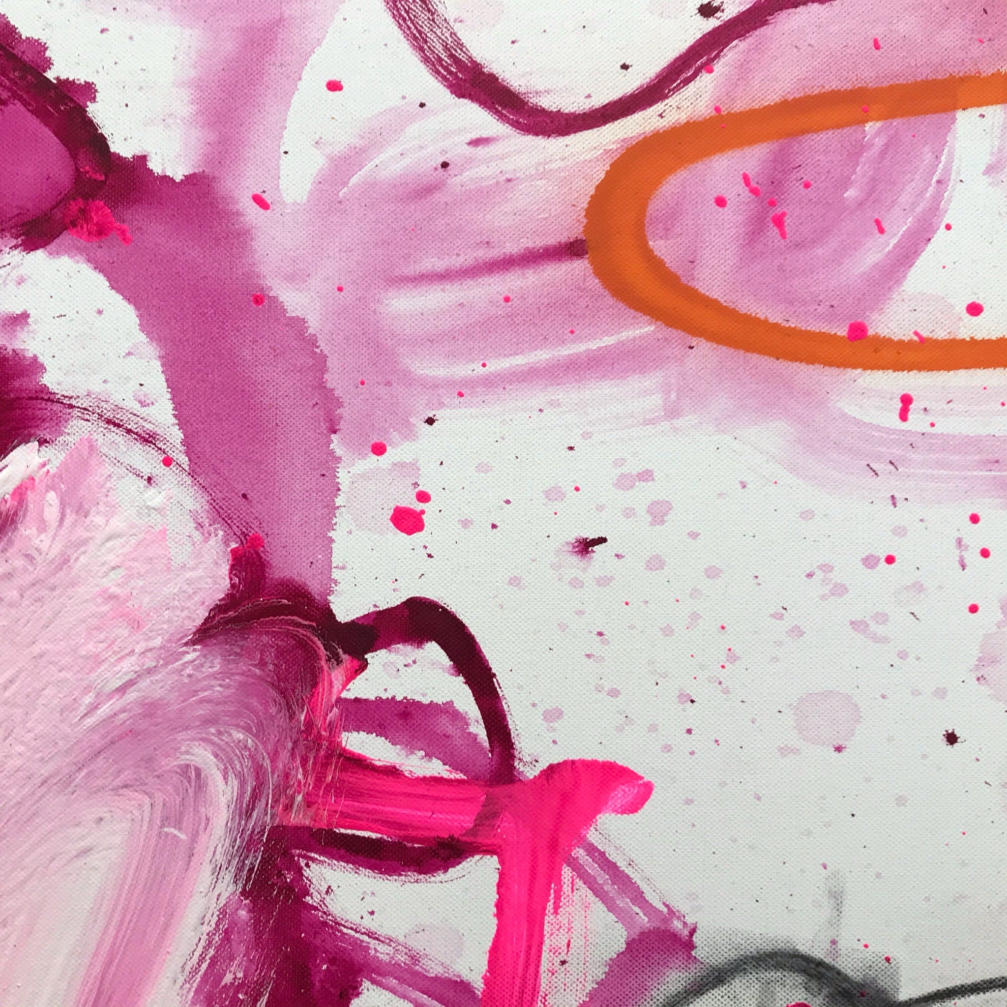 A pink and orange abstract painting on a white background.