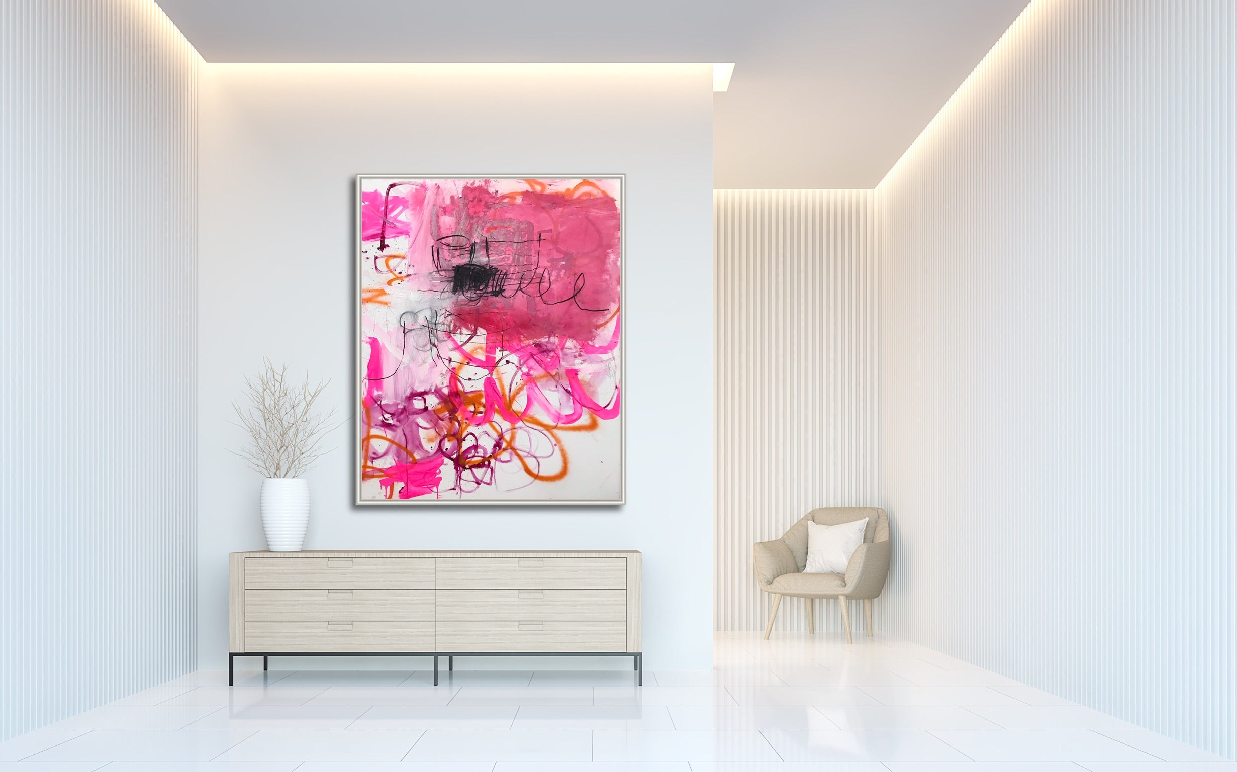 A pink and orange abstract painting on a white background.