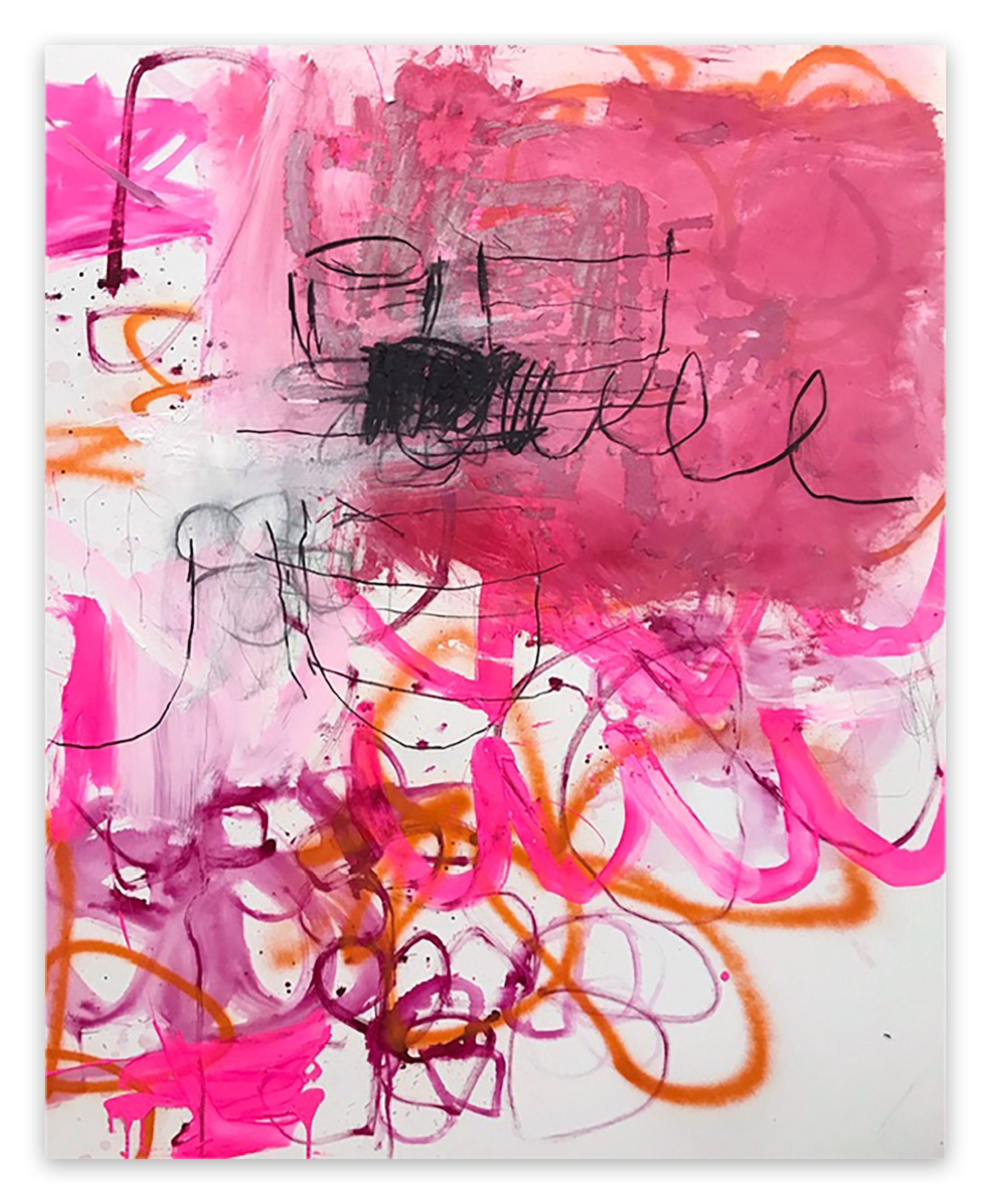 A pink and orange abstract painting on a white background.