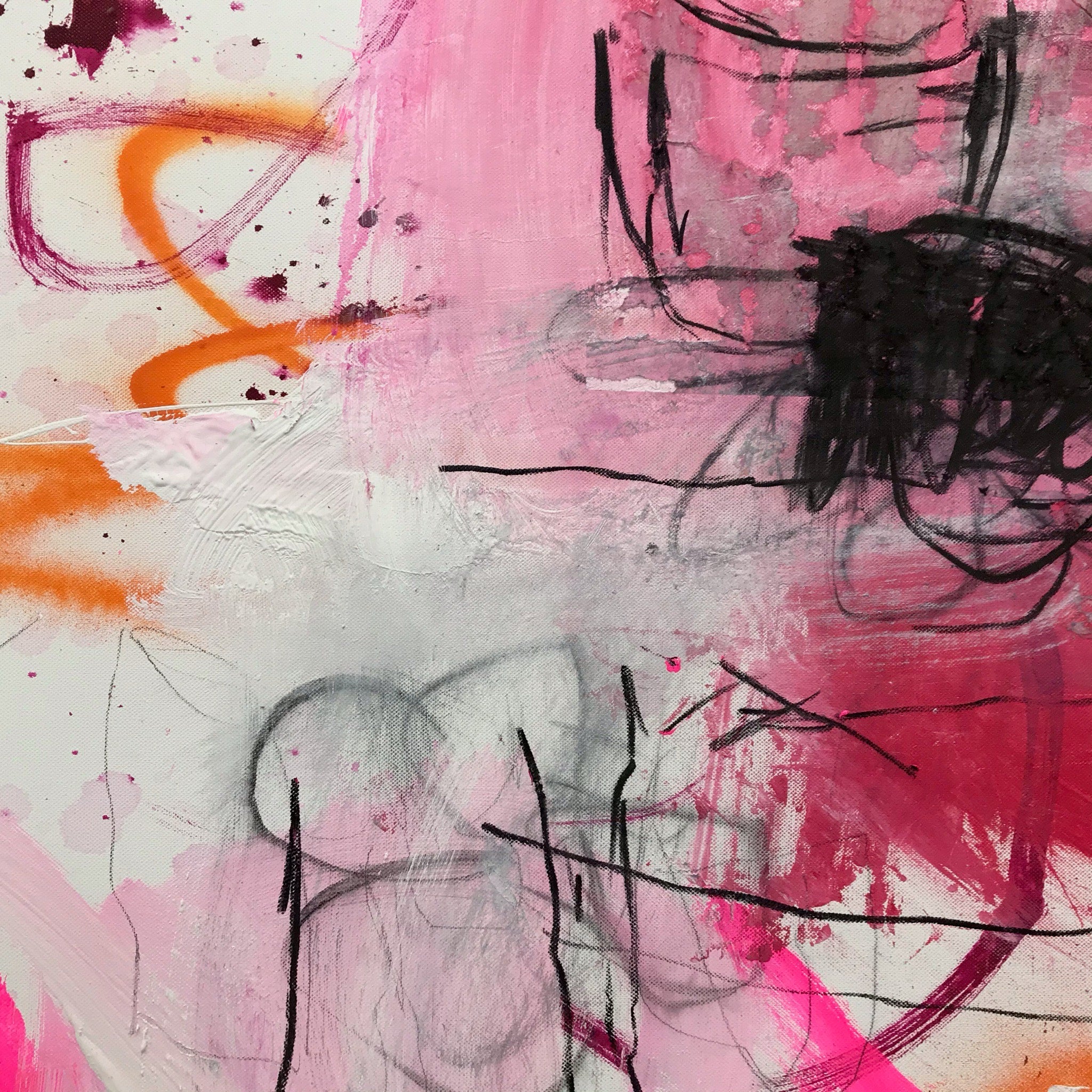 A pink and orange abstract painting on a white background.