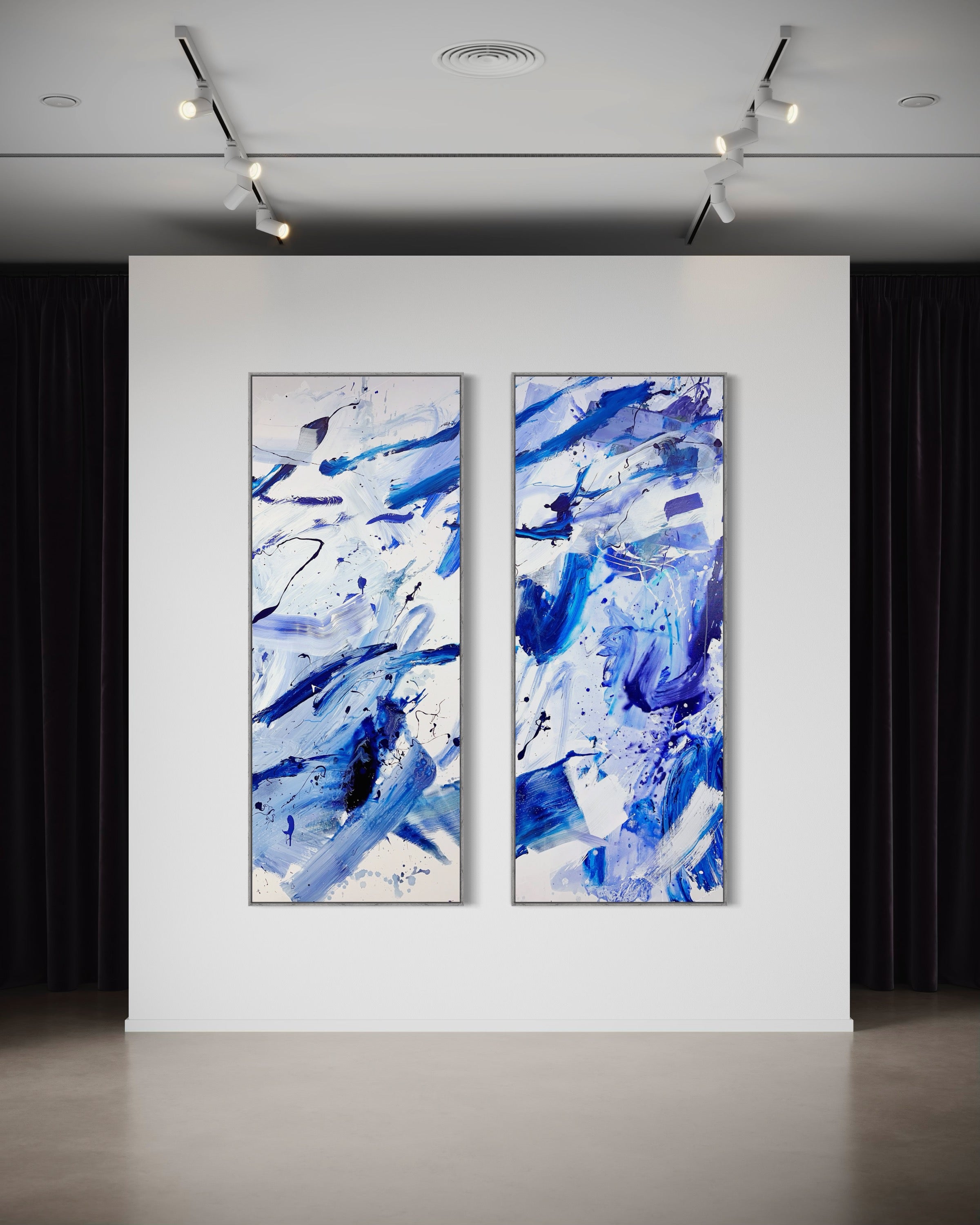 A set of four blue and white abstract paintings on a white background.