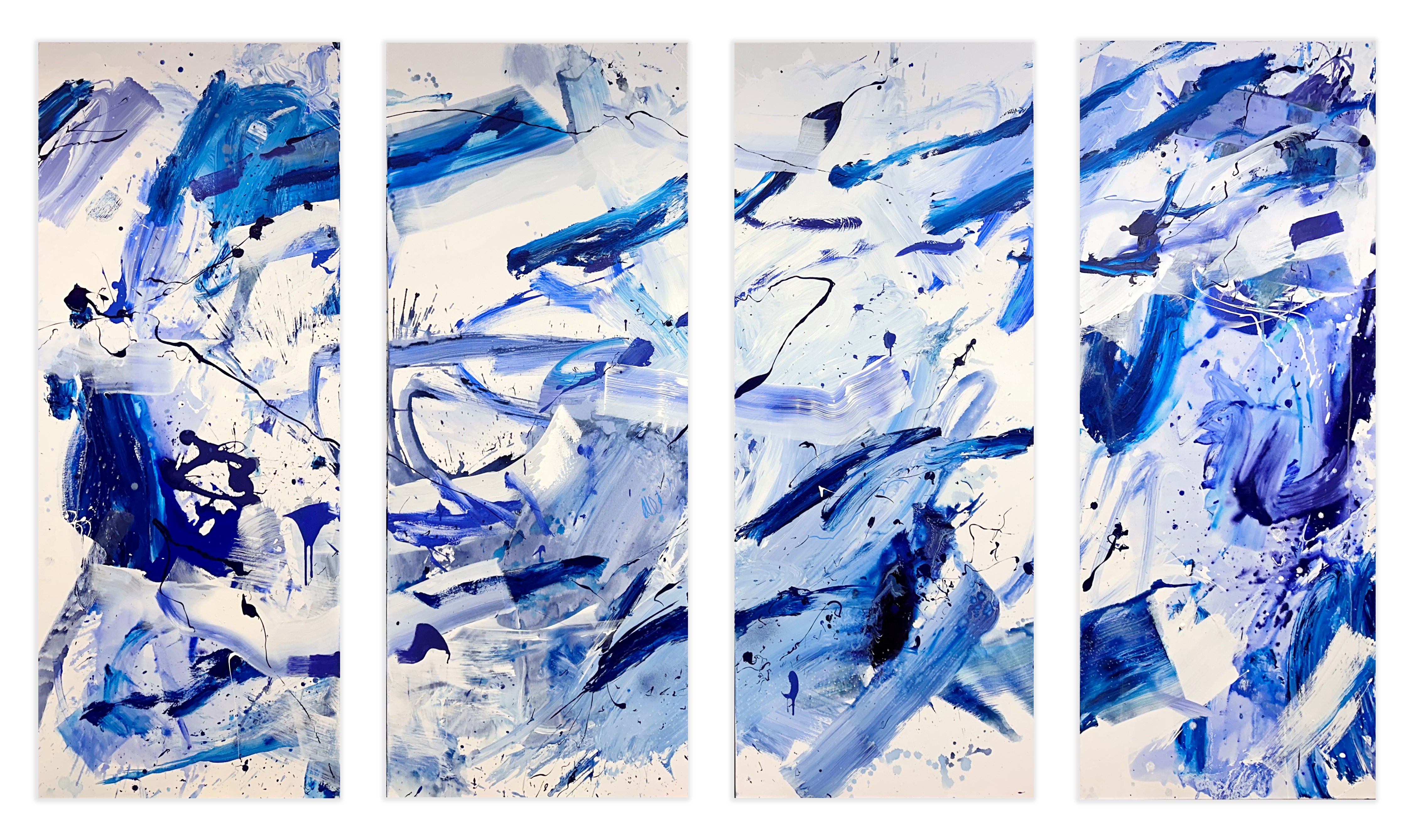 A set of four blue and white abstract paintings on a white background.
