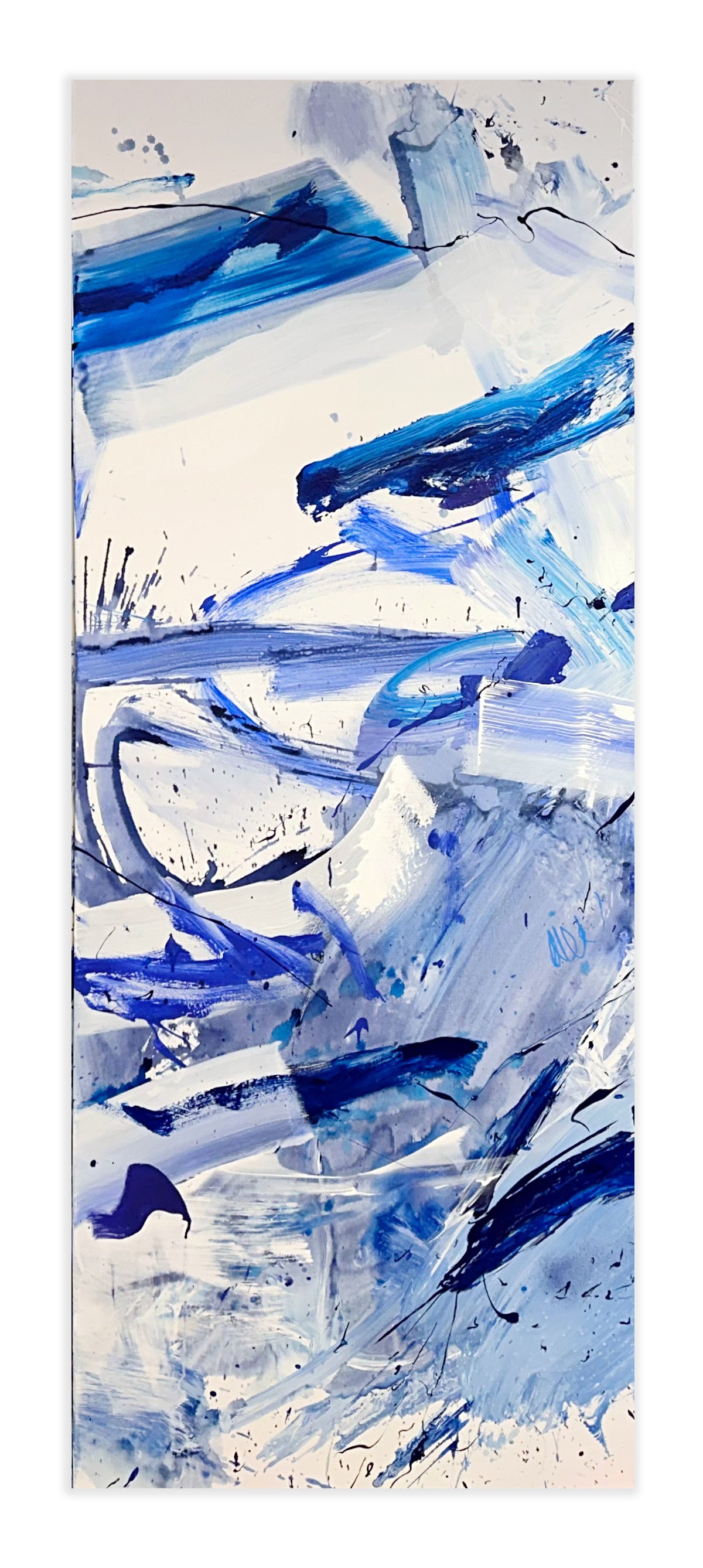 A set of four blue and white abstract paintings on a white background.