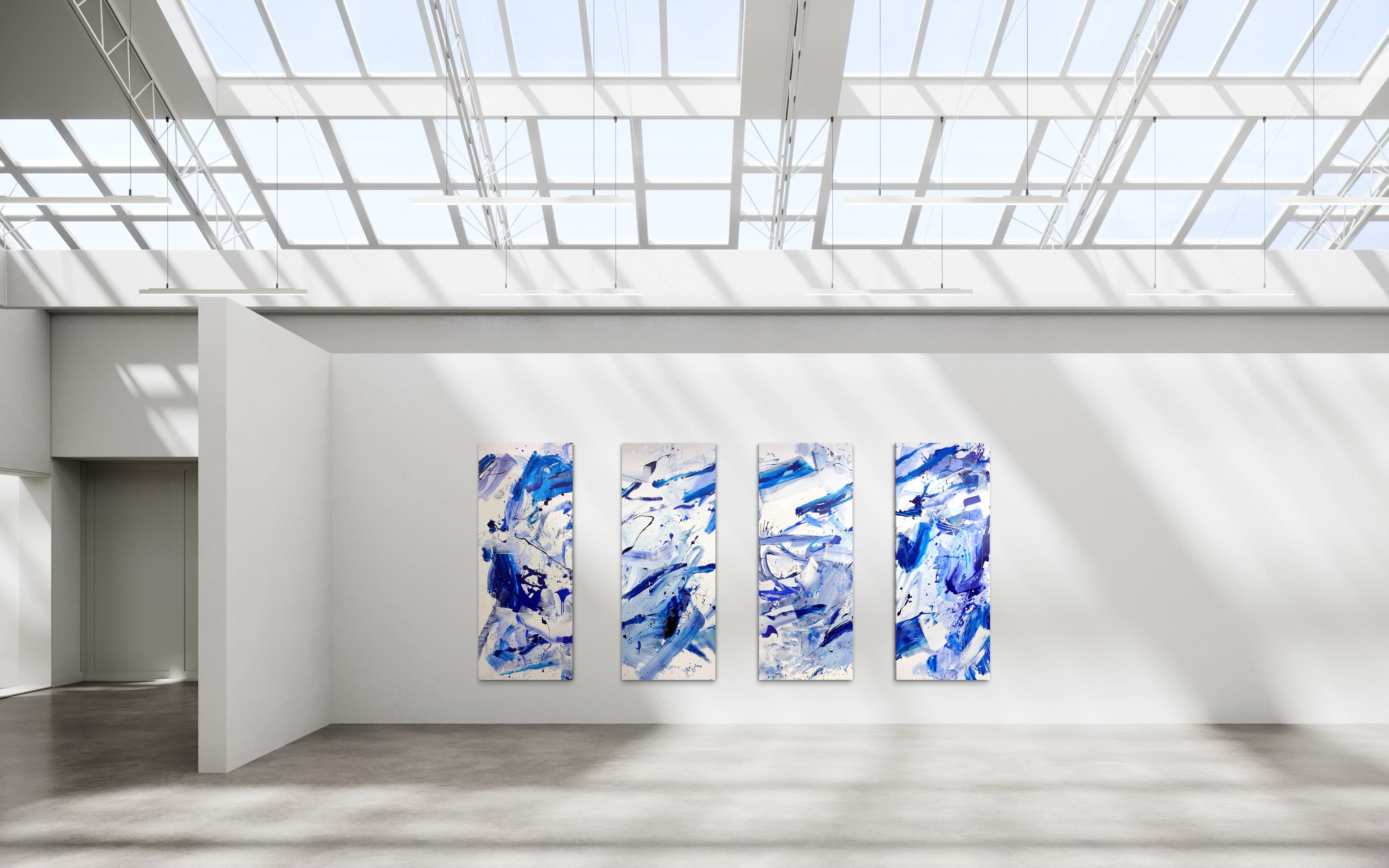 A set of four blue and white abstract paintings on a white background.