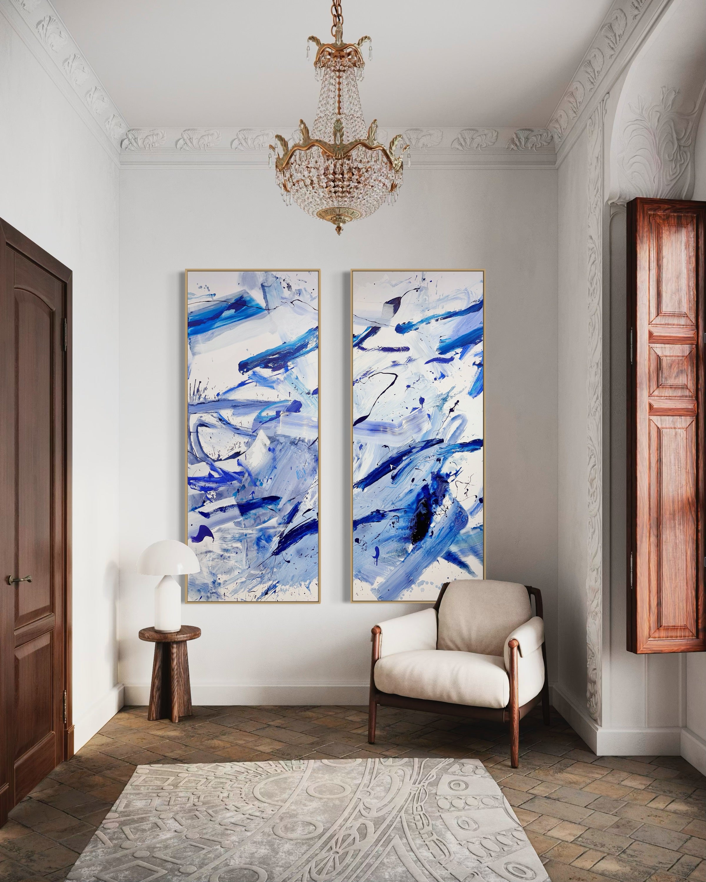 A set of four blue and white abstract paintings on a white background.