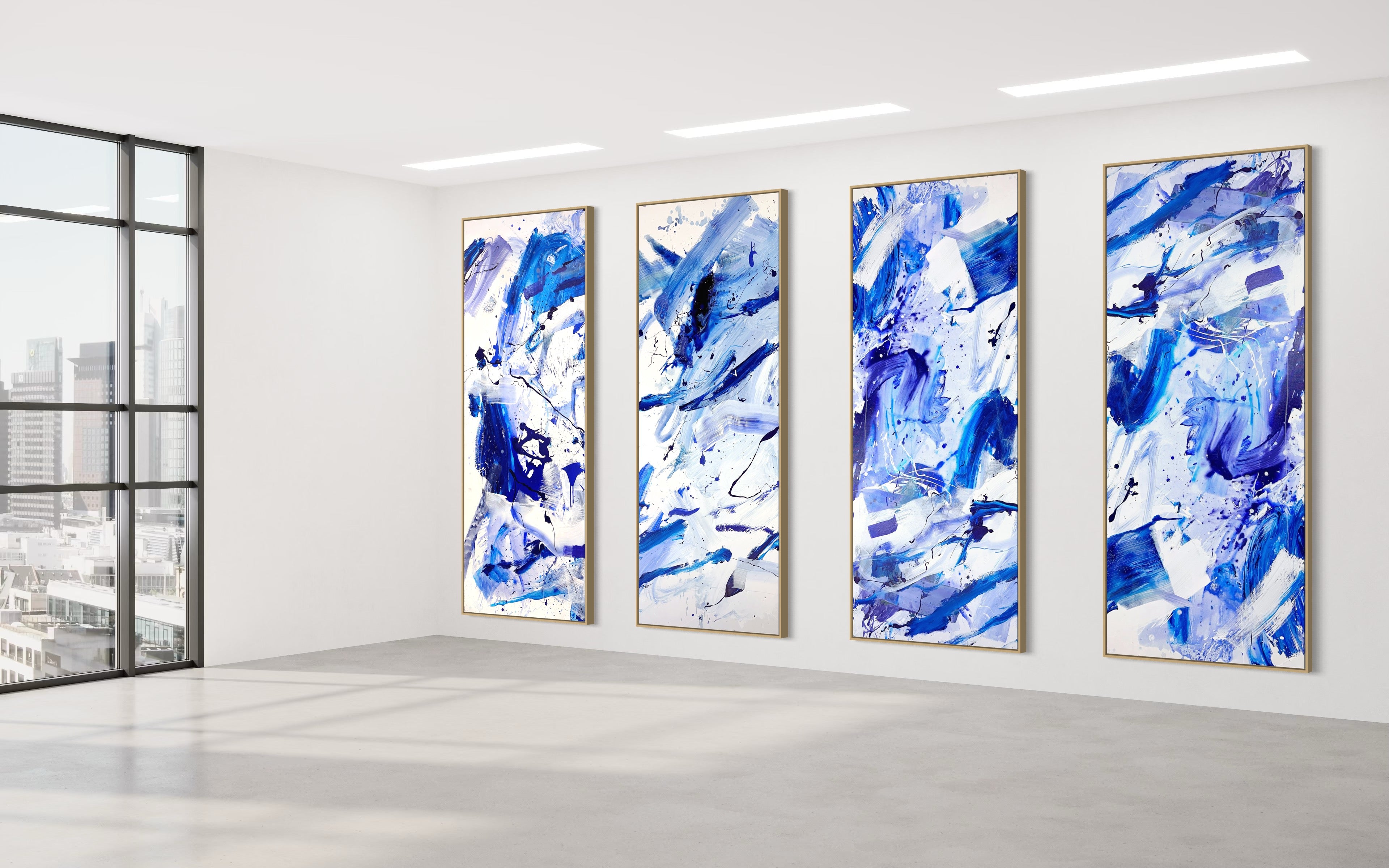A set of four blue and white abstract paintings on a white background.