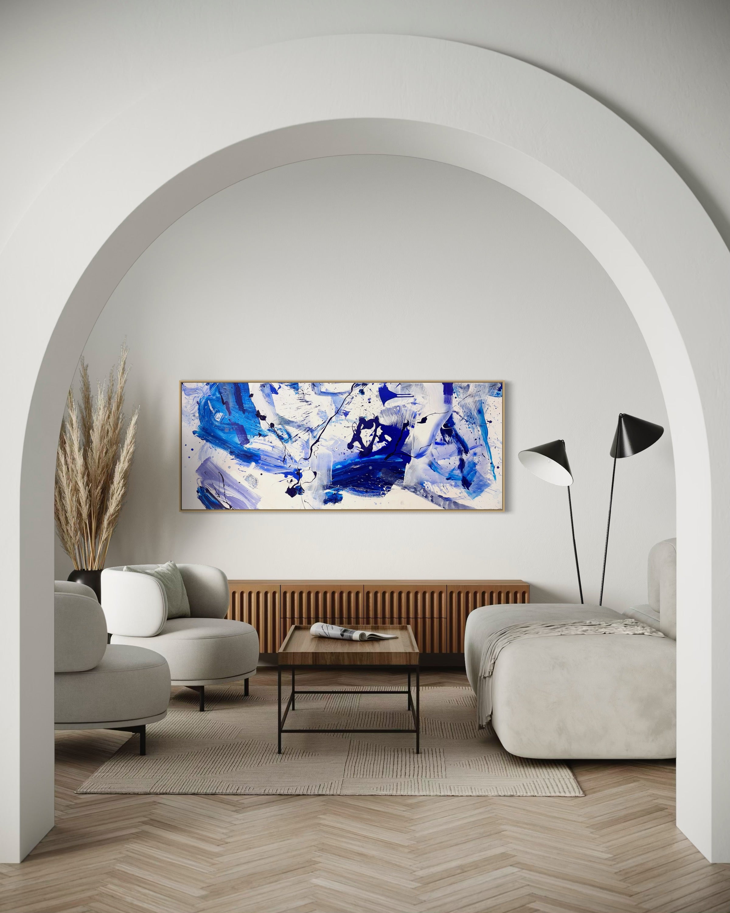 A set of four blue and white abstract paintings on a white background.