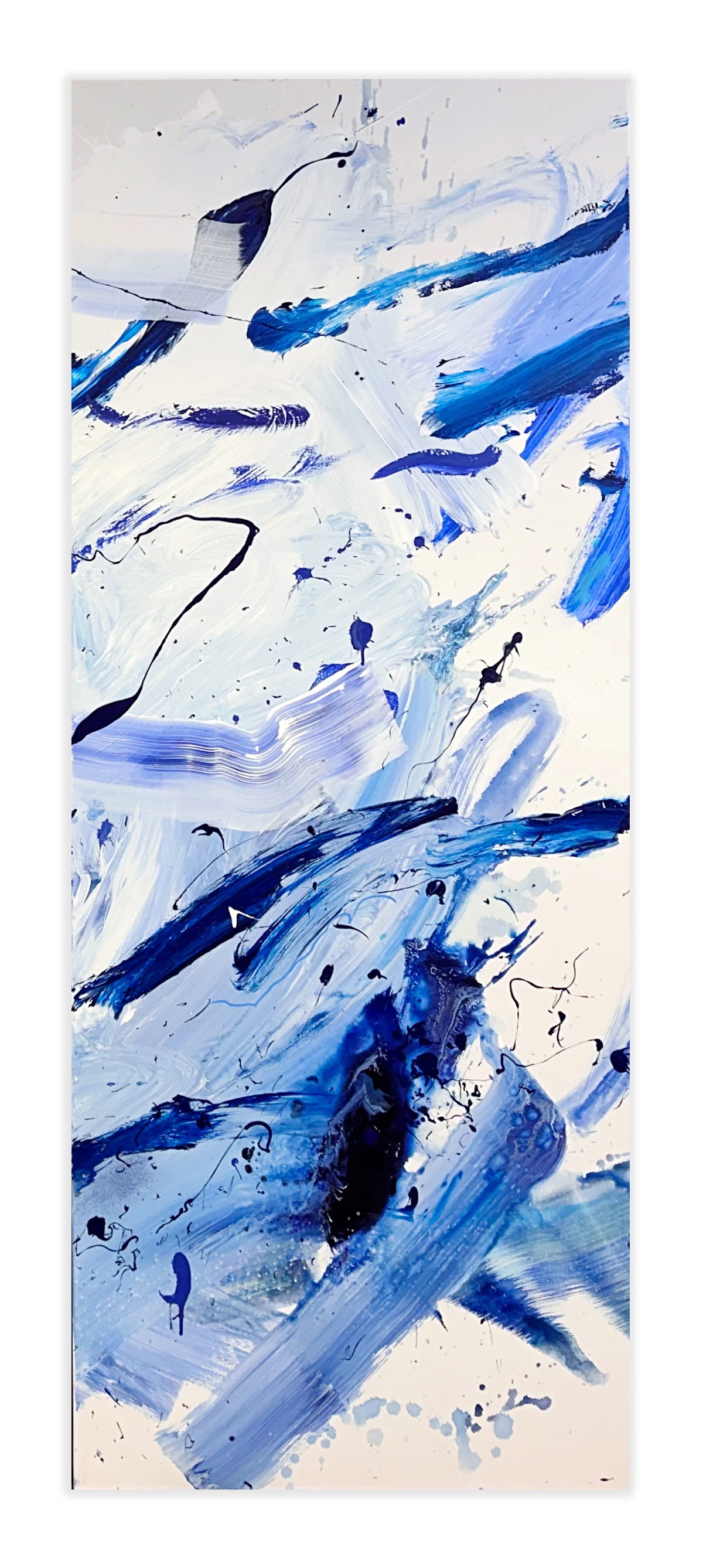 A set of four blue and white abstract paintings on a white background.