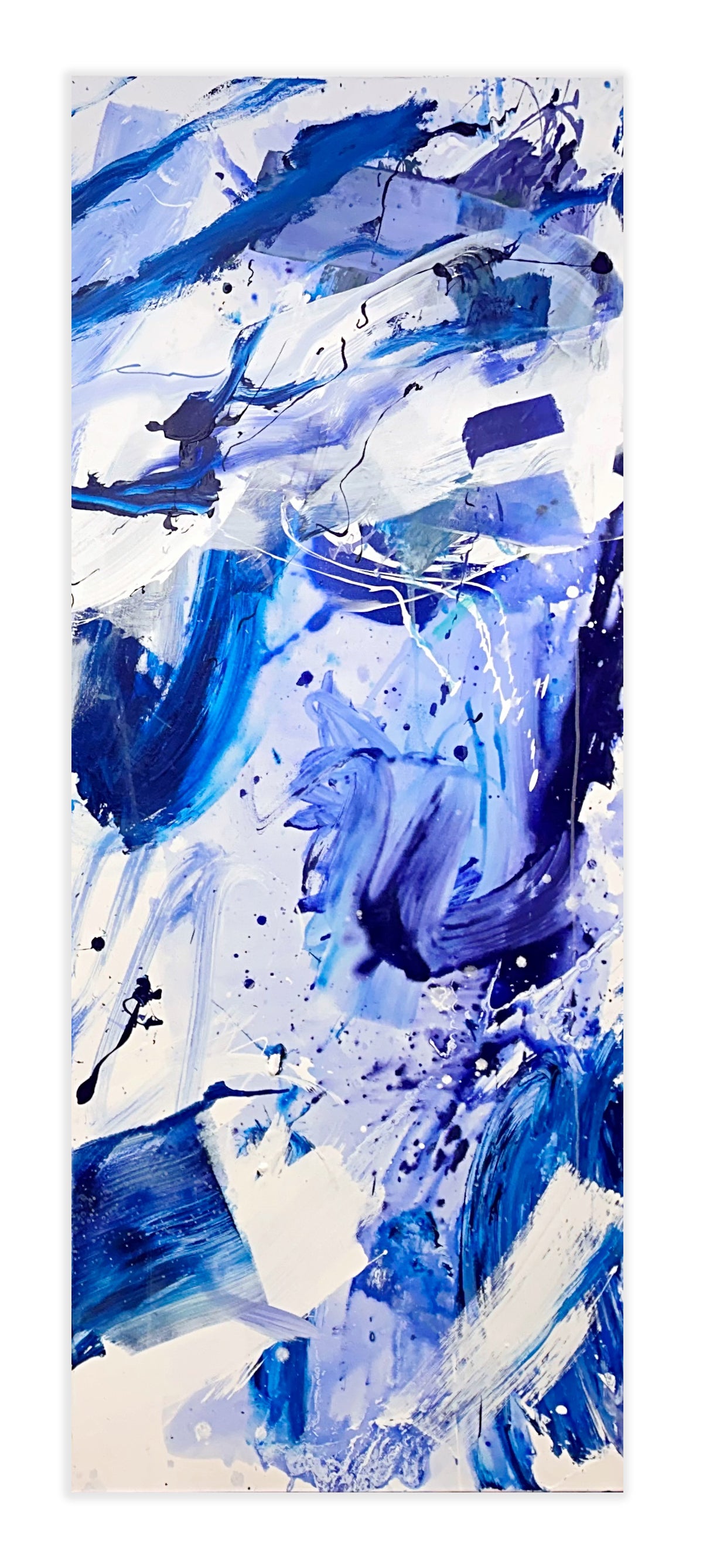 A set of four blue and white abstract paintings on a white background.