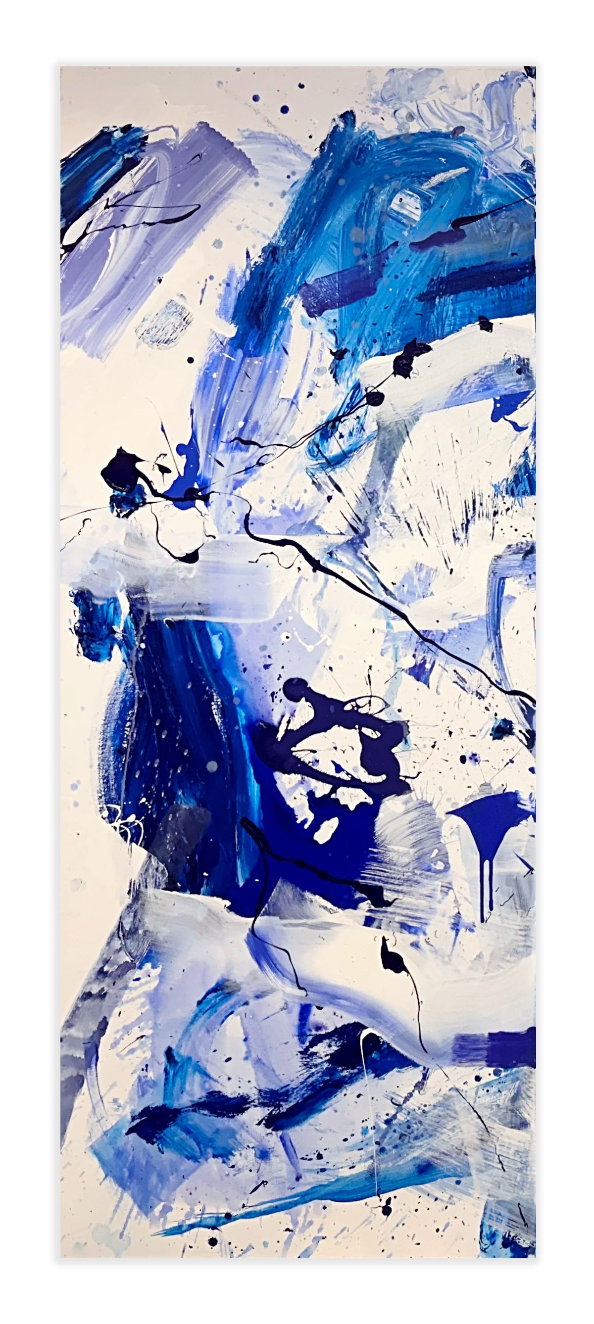 A set of four blue and white abstract paintings on a white background.