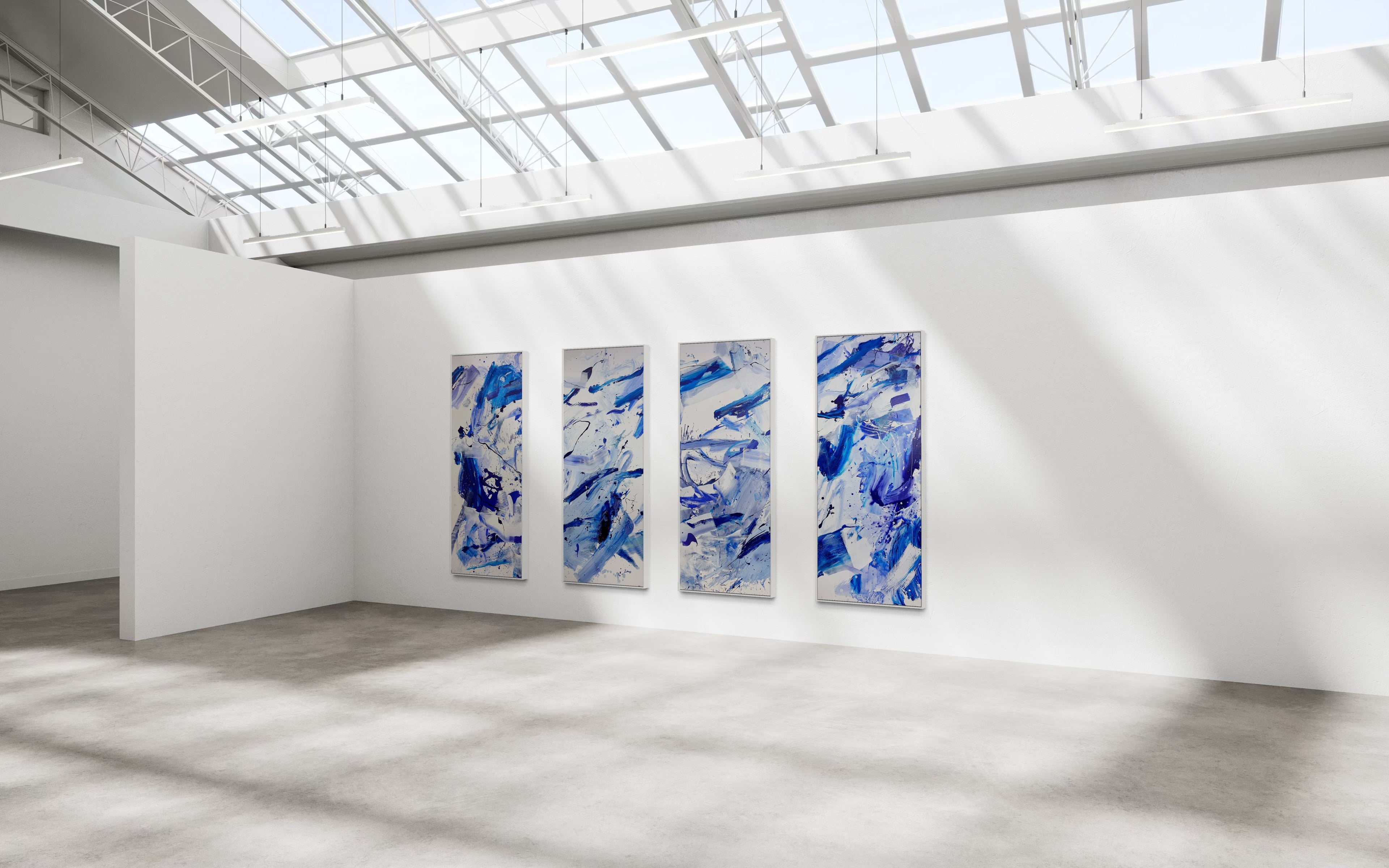 A set of four blue and white abstract paintings on a white background.