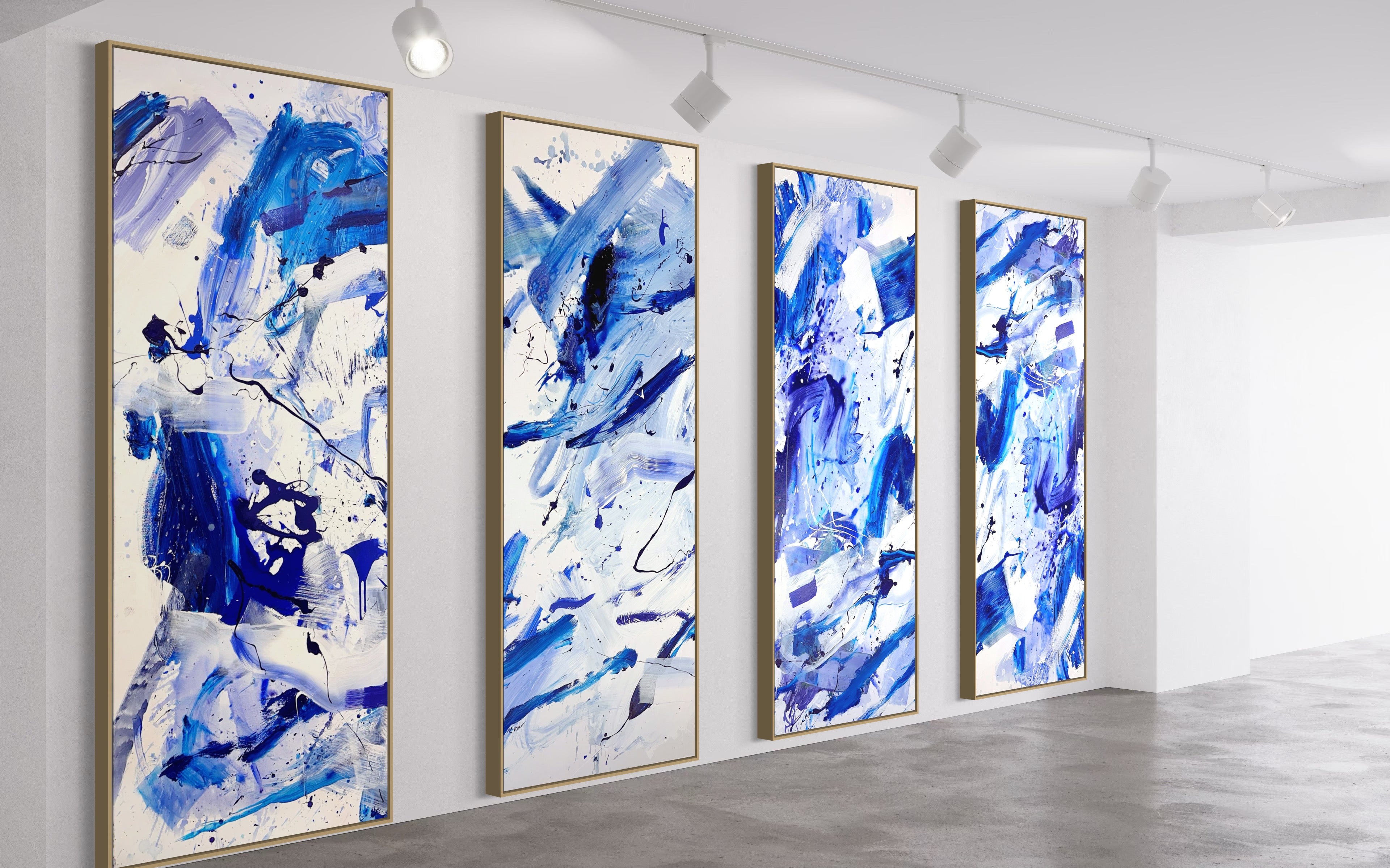 A set of four blue and white abstract paintings on a white background.
