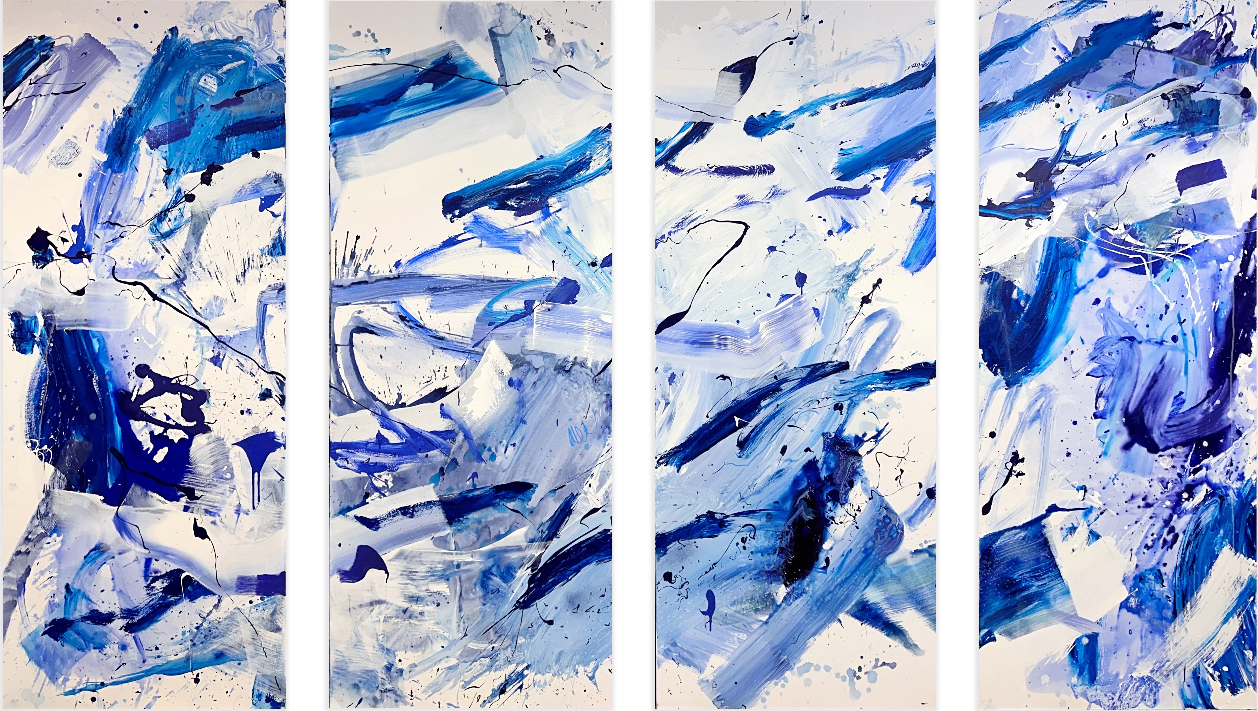 A set of four blue and white abstract paintings on a white background.