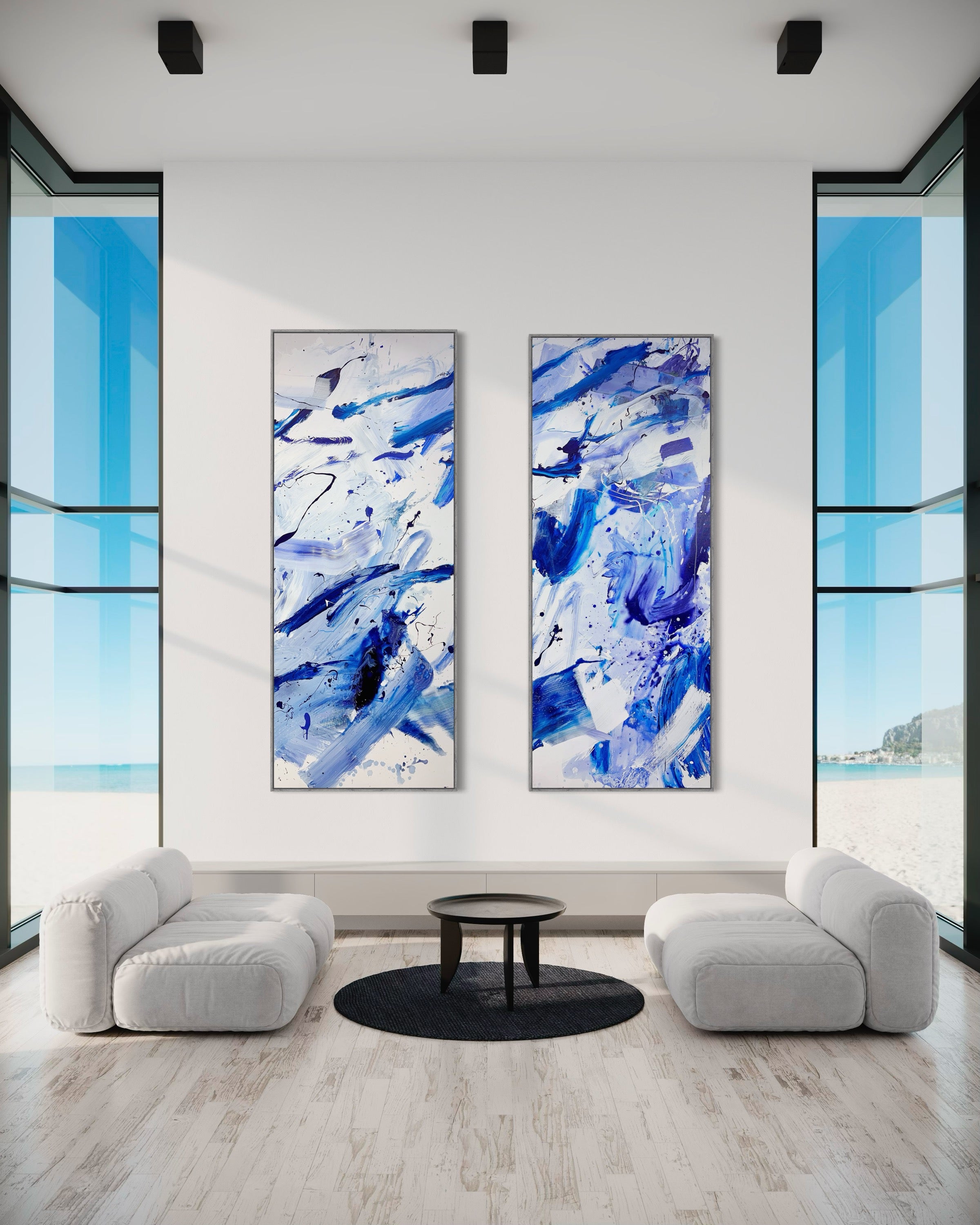 A set of four blue and white abstract paintings on a white background.