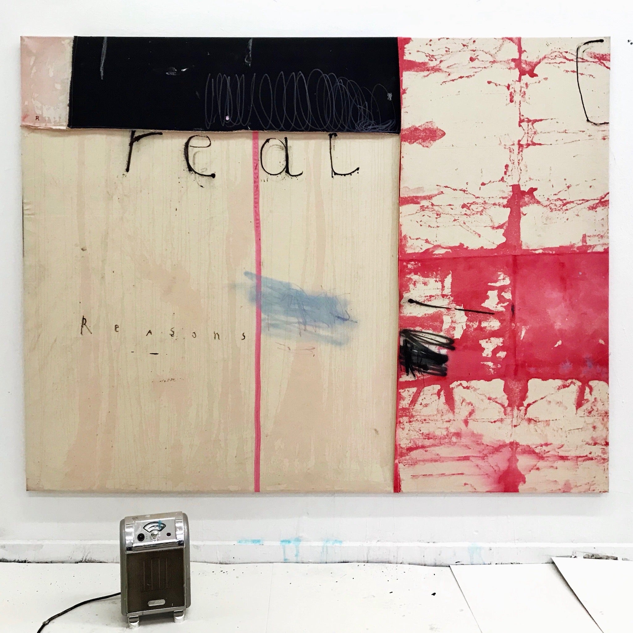 Artwork by Manuela Karin Knaut, Real Reasons for Ice and Lemon, Made of Acrylic, ink, oil on un-stretched canvas 