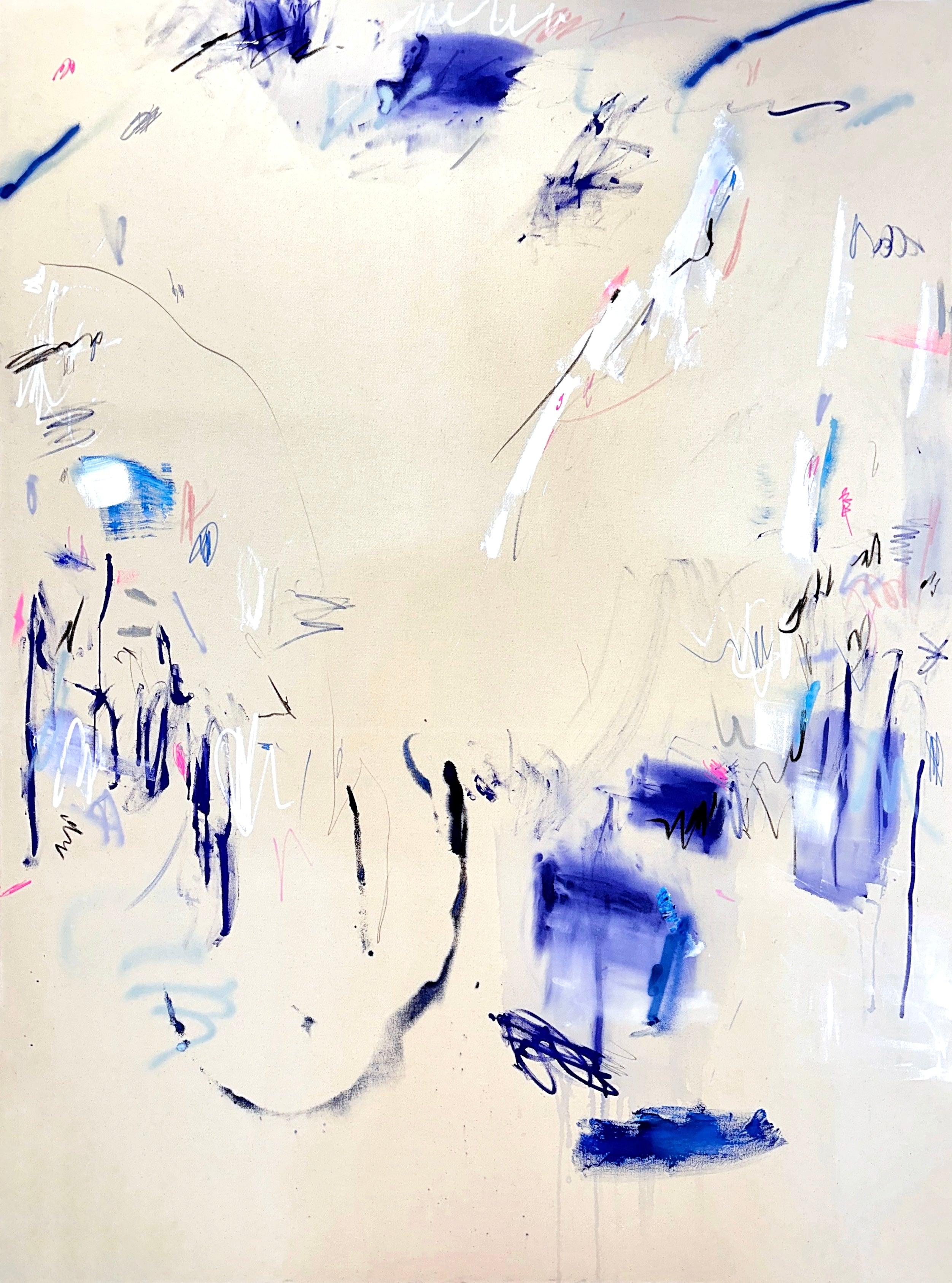 A pair of paintings with blue and white paint on them.